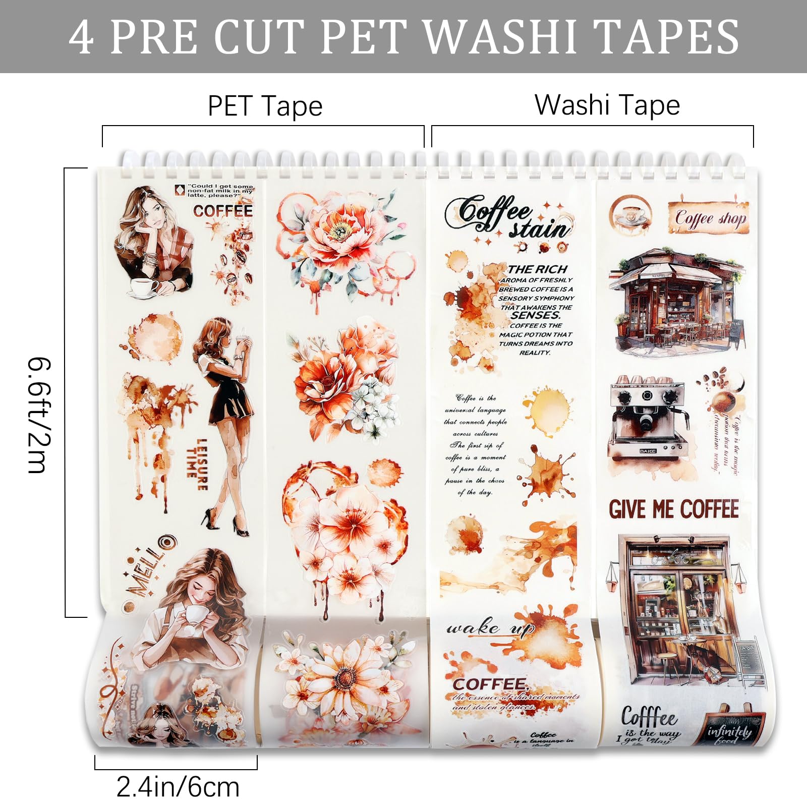 Lot De 6 Rouleaux Washi Tape Café - Autocollants PET Scrapbooking, Bullet Journal, Décoration - 4