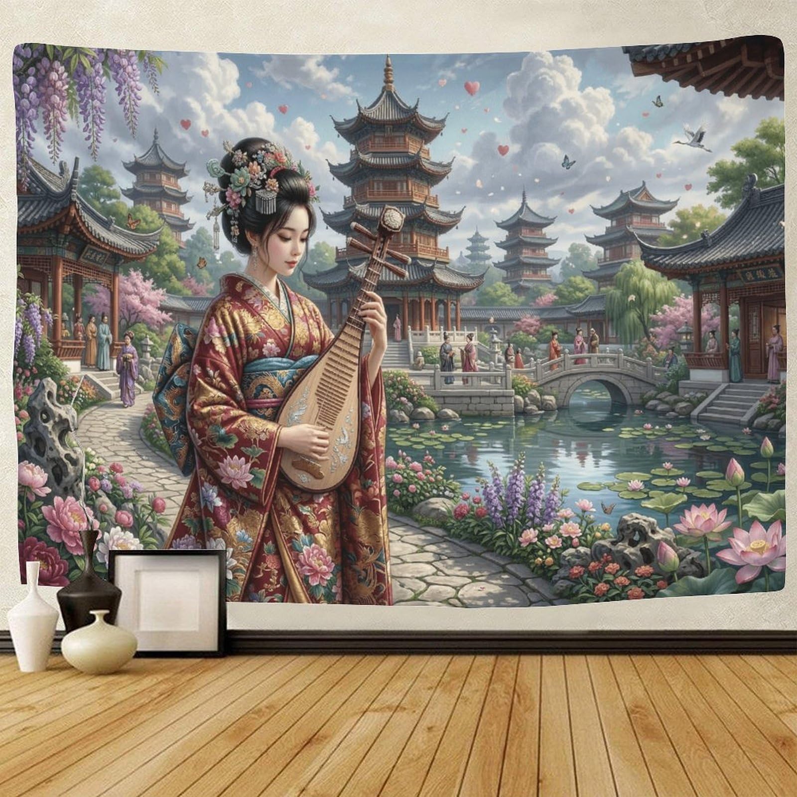 GPMNBCXZK Japanese Geisha 3D Printed Wall Hanging Traditional Pagoda Bedroom Living Room Home Art Decor Wall Tapestry 180cmx230cm
