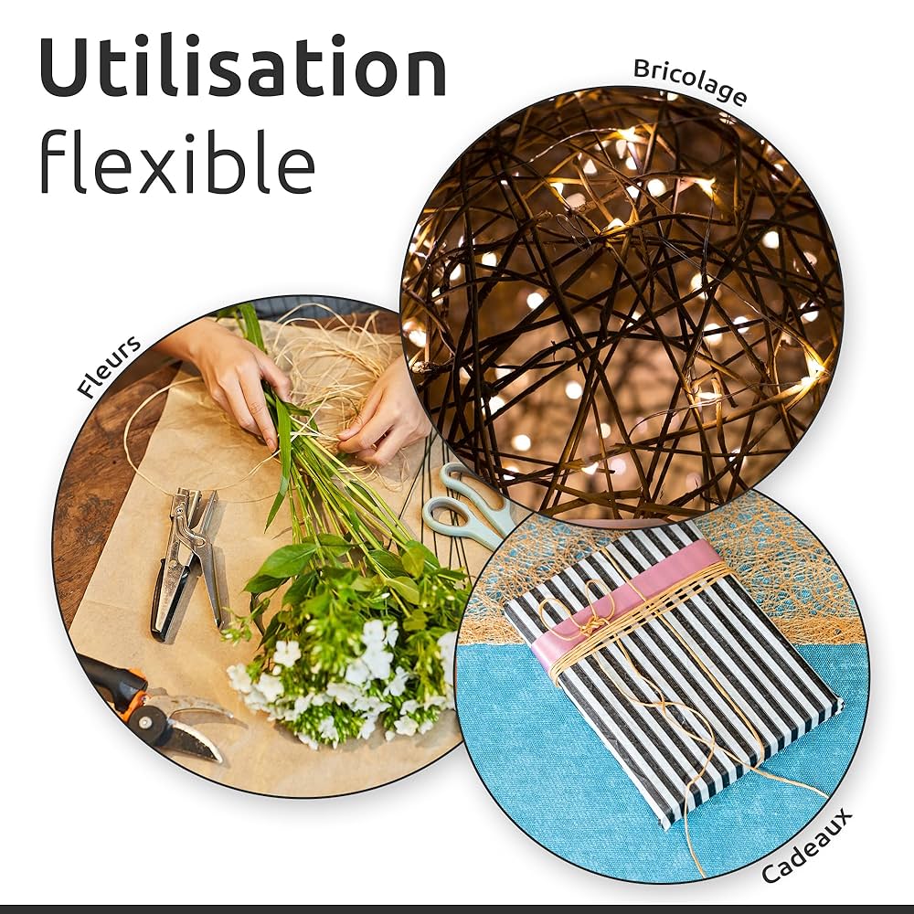 Fil De Liage Papier ECENCE - 3 Rouleaux De 80m | Noir, Marron, Beige | Pour Fleurs, Déco, Bricolage