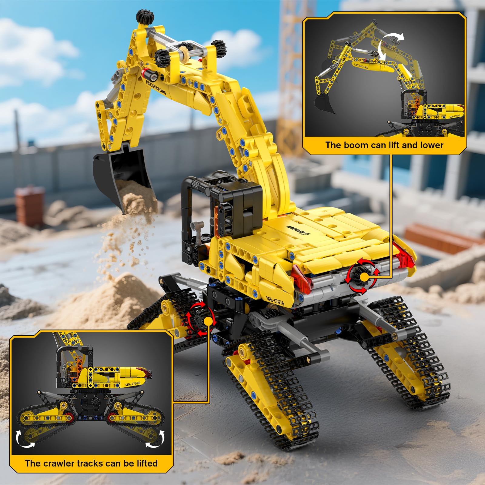Mould King Technik Bagger Bausatz, 17076 Bauspielzeug Bagger-Modell, 840Teile STEM Konstruktions-Baukasten für Erwachsene, Spielzeugbagger für 14+ Jugendliche