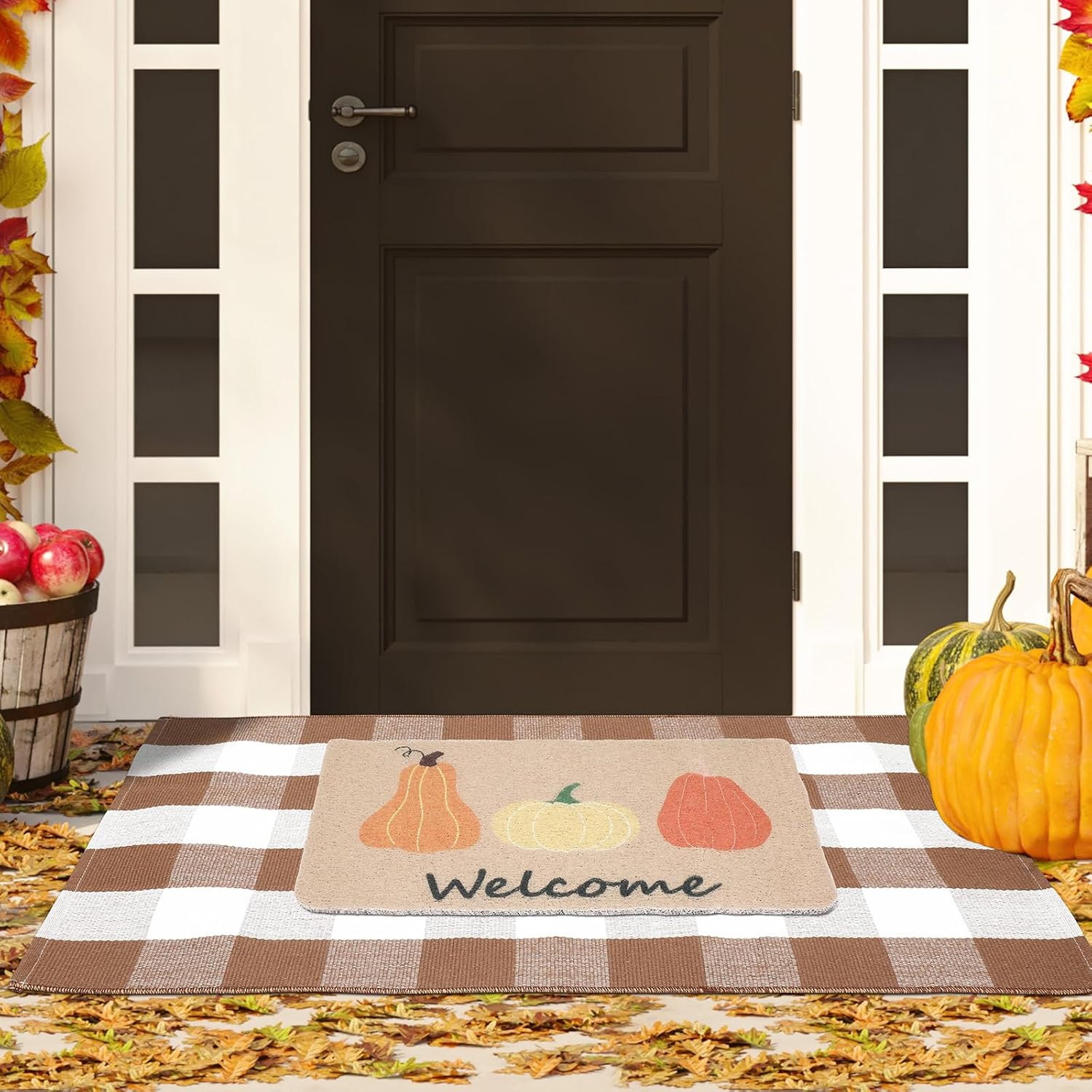 Nuanchu 2 Pcs Thanksgiving Rug for Front Porch Decor Doormat Combo Set, 100% Coir Pumpkin Welcome Mat and 27.5" x 43" Layered Buffalo Plaid Rug for Indoor Outdoors (Coffee, White, Plaid, Pumpkin)