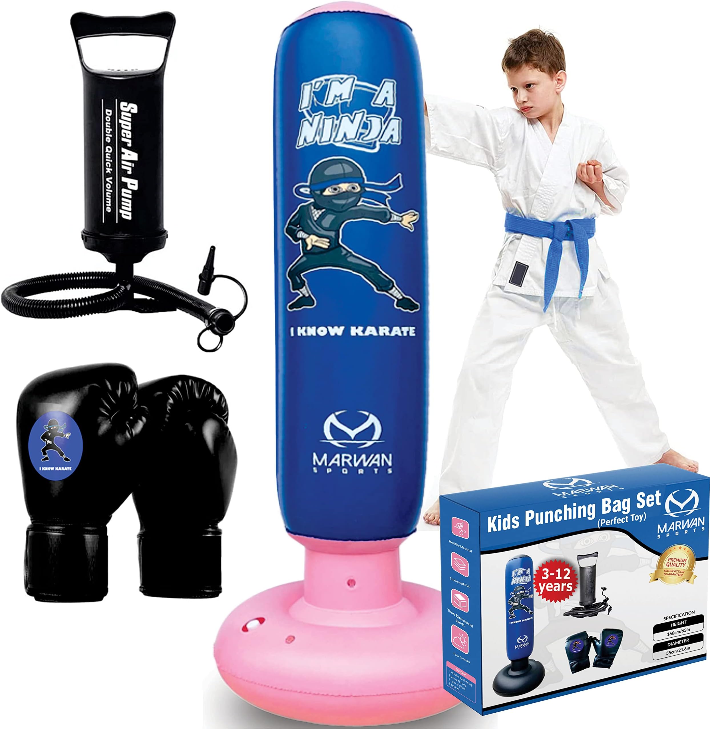 Inflatable Punching Bag for Kids,63 Inches Kid Ninja Boxing Bag with Stand for Boys-Freestanding Kids Punching Bags-Punch Bag for Karate Kicking Taekwondo MMA Toys Birthday Gifts for Children 3-10