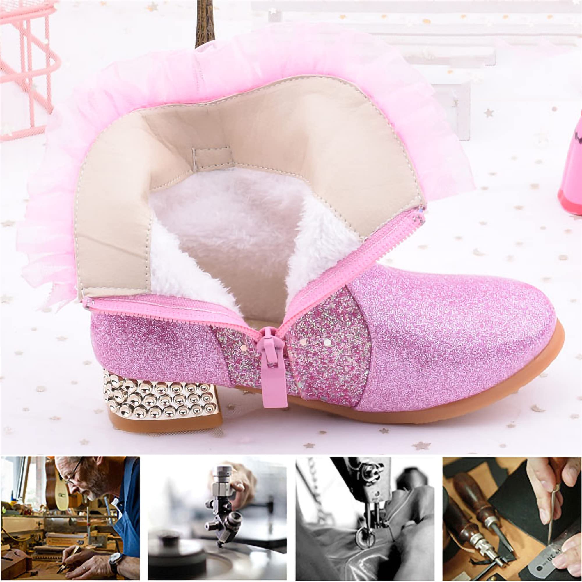 New front Stivali Bambina Invernali Morbide Fodera Boots Stivali di Scarponcini Bambina con Tacco Stivali da Neve Bambina con Paillettes Blu Rosa Taglie 27-38
