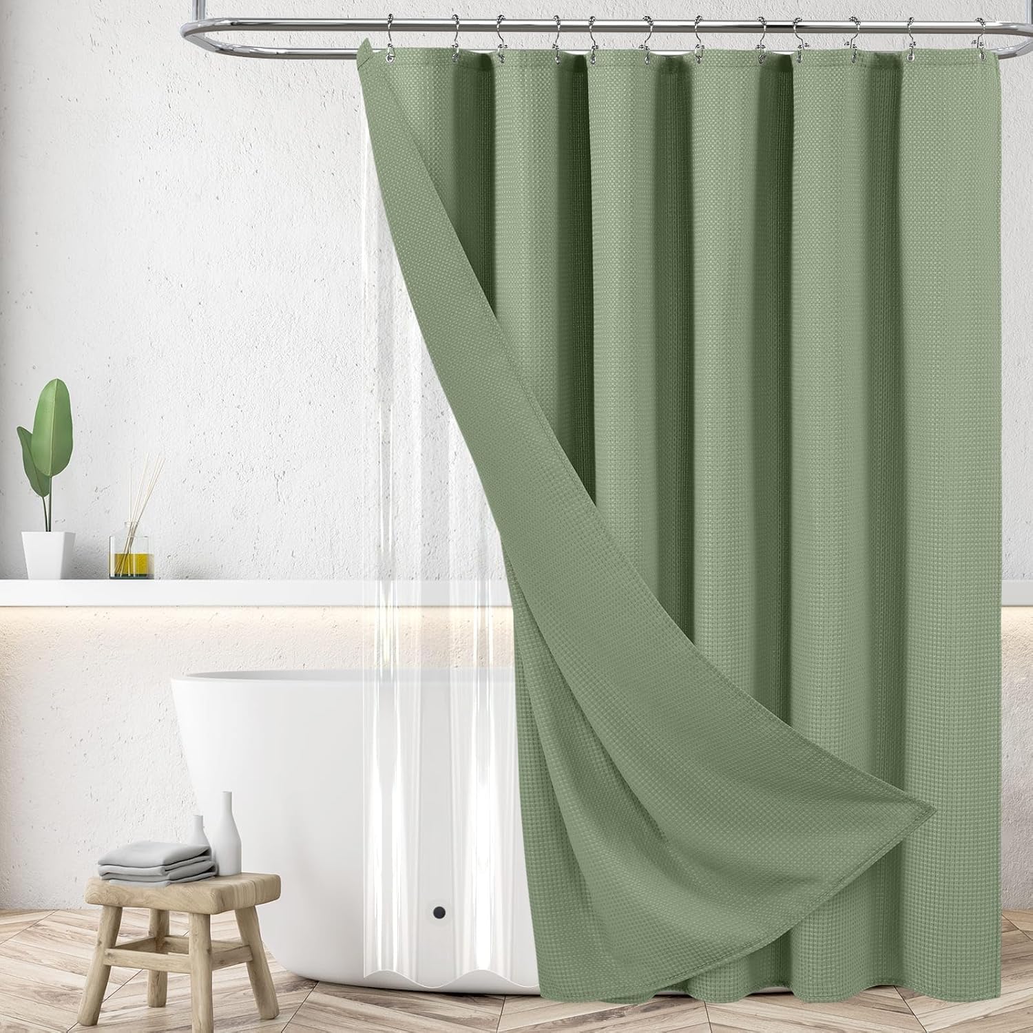 Rideau de douche imperméable anti-moisissure en tissu gaufré et crochets double face