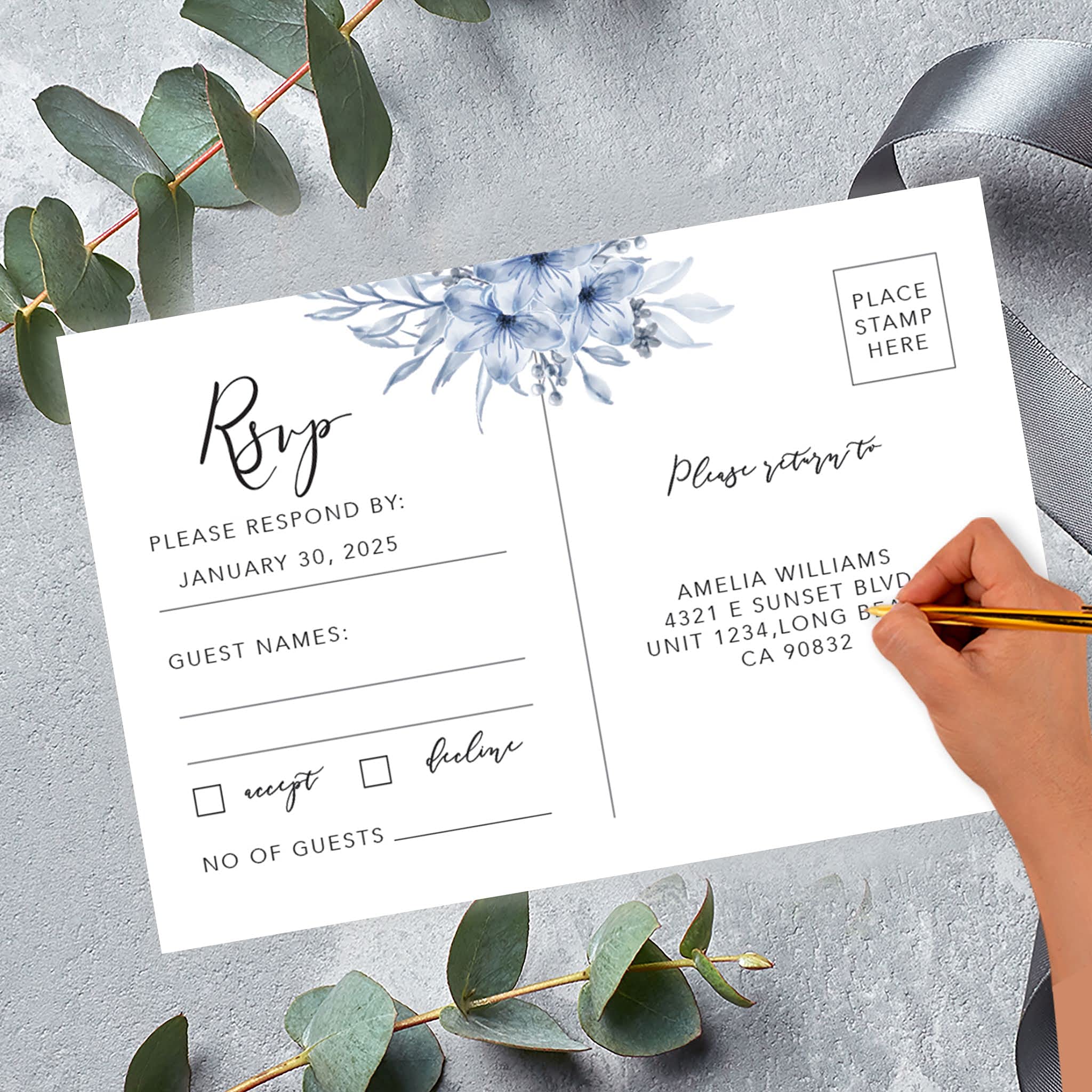 Andaz Press 56-Pack Personalized RSVP Postcards for Wedding Dusty Blue Florals Cardstock Response Reply Cards for Bridal Shower Baby Shower Birthday Event Custom Date and Return Address 4 x 6-Inch
