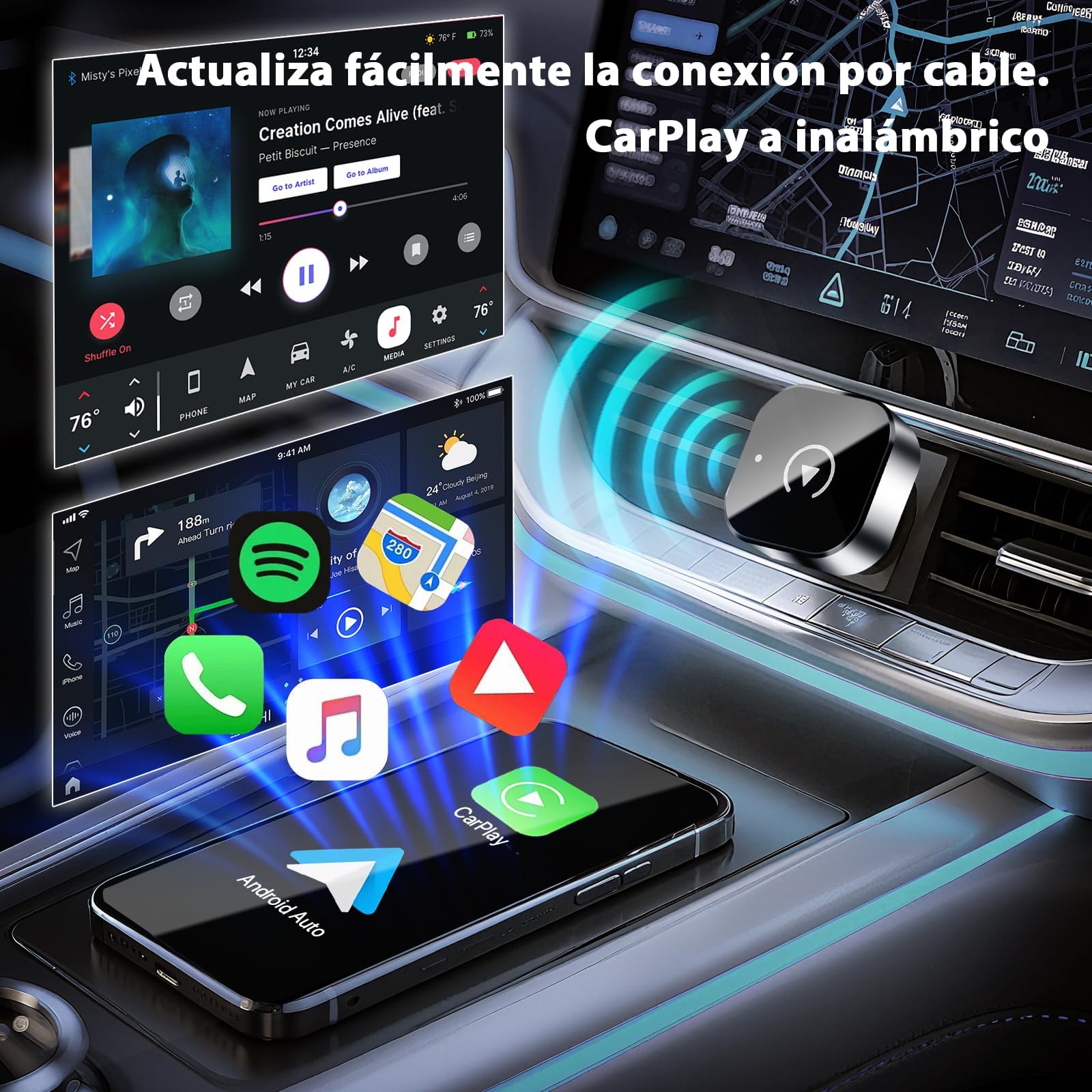 2026 Adaptador inalámbrico CarPlay 2 en 1, Mini Adaptador inalámbrico, CarPlay y Android Auto, sin latencia, diseño Mini USB,Accesorios para Coche, Compatible con iPhone y Android