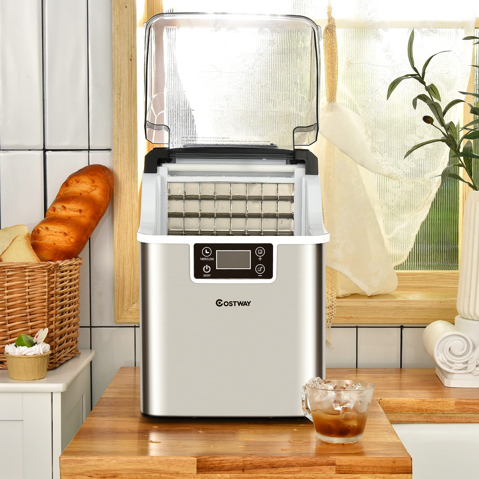 COSTWAY Machine à Glaçons 18kg en 24h, Machine a Glacons à Affichage LCD, Minuterie 24 Heures, 24 Glaçons en 15-20 Minutes, Autonettoyant, Réservoir d'Eau 3,2 L, pour Maison, Camping, Fête