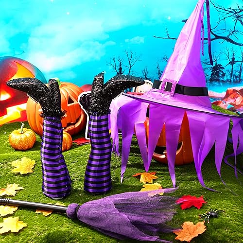 Juego de 4 piezas de patas de bruja boca abajo para Halloween, patas de bruja moradas malvadas, decoraciones con escoba y sombrero de bruja para