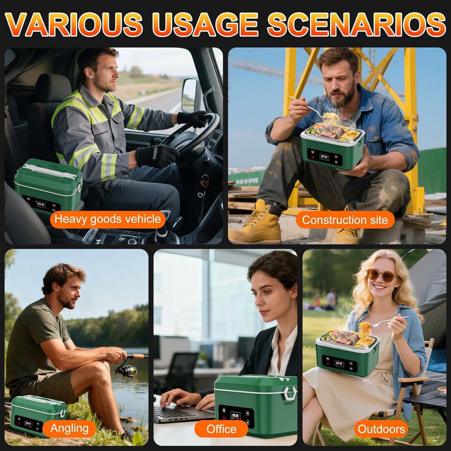 Cordless Electric Heated Lunch Box,Pro 24000mah Heated Lunch Box,Battery Powered, 1.2L Portable Food Heater-3D-5 Side Heating-Intelligent Temperature Control,Suitable For Trucks,Offices (Army/Green) - Image 7