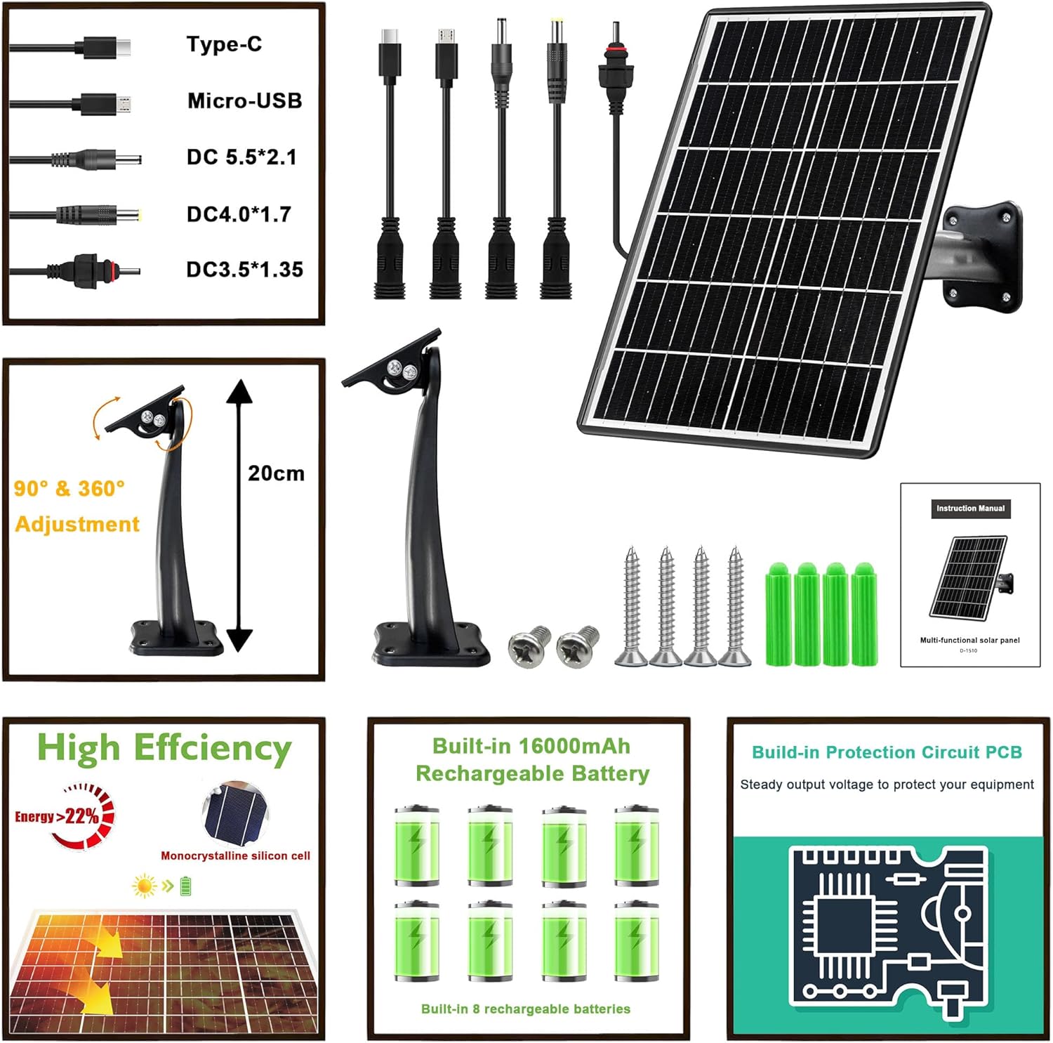 15W Solar Panel Kit with Built-in 16000mAh Battery Voltage: 5V/6V/9V/12V Current: 1.5A Features USB-C, Micro-USB, and DC 2.1/1.7/1.35mm Ports Compatible with All 3G/4G Trail Cameras