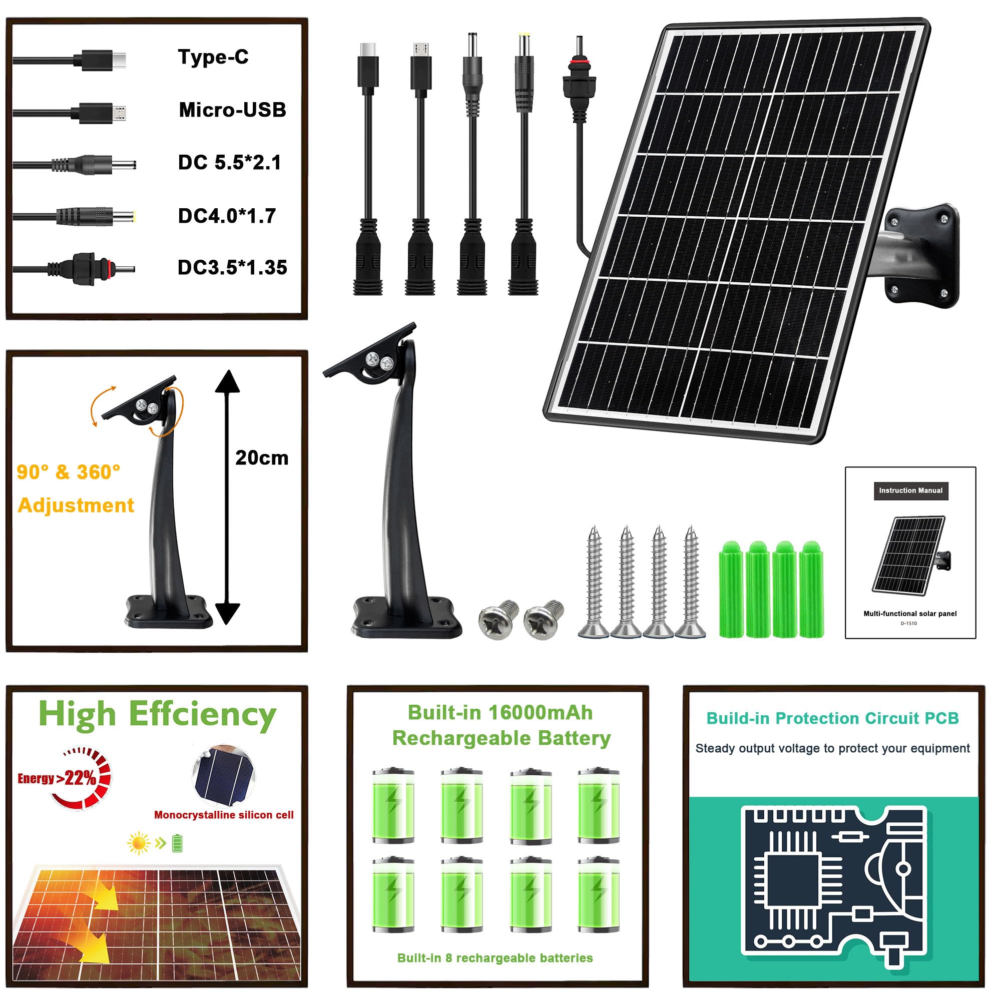 Kit di pannello solare 15 W con batteria integrata 16000 mAh Tensione: 5 V/6 V/9 V/12 V Corrente: 1,5 A Caratteristiche USB-C, Micro-USB e DC 2,1/1,7/1,35 mm Compatibile con tutte le telecamere di