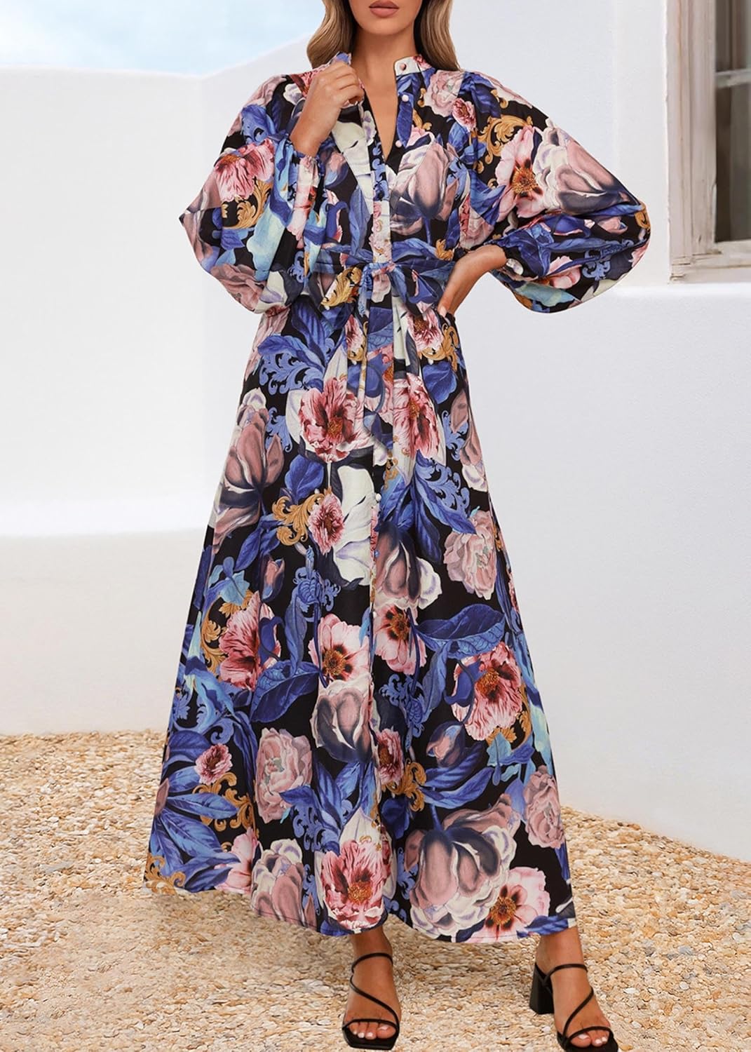 Lazysmile Maxi Dresses for Women 2025 Casual Long Sleeve Button Down Belted Boho Floral Shirt Dress with Pockets - Image 3