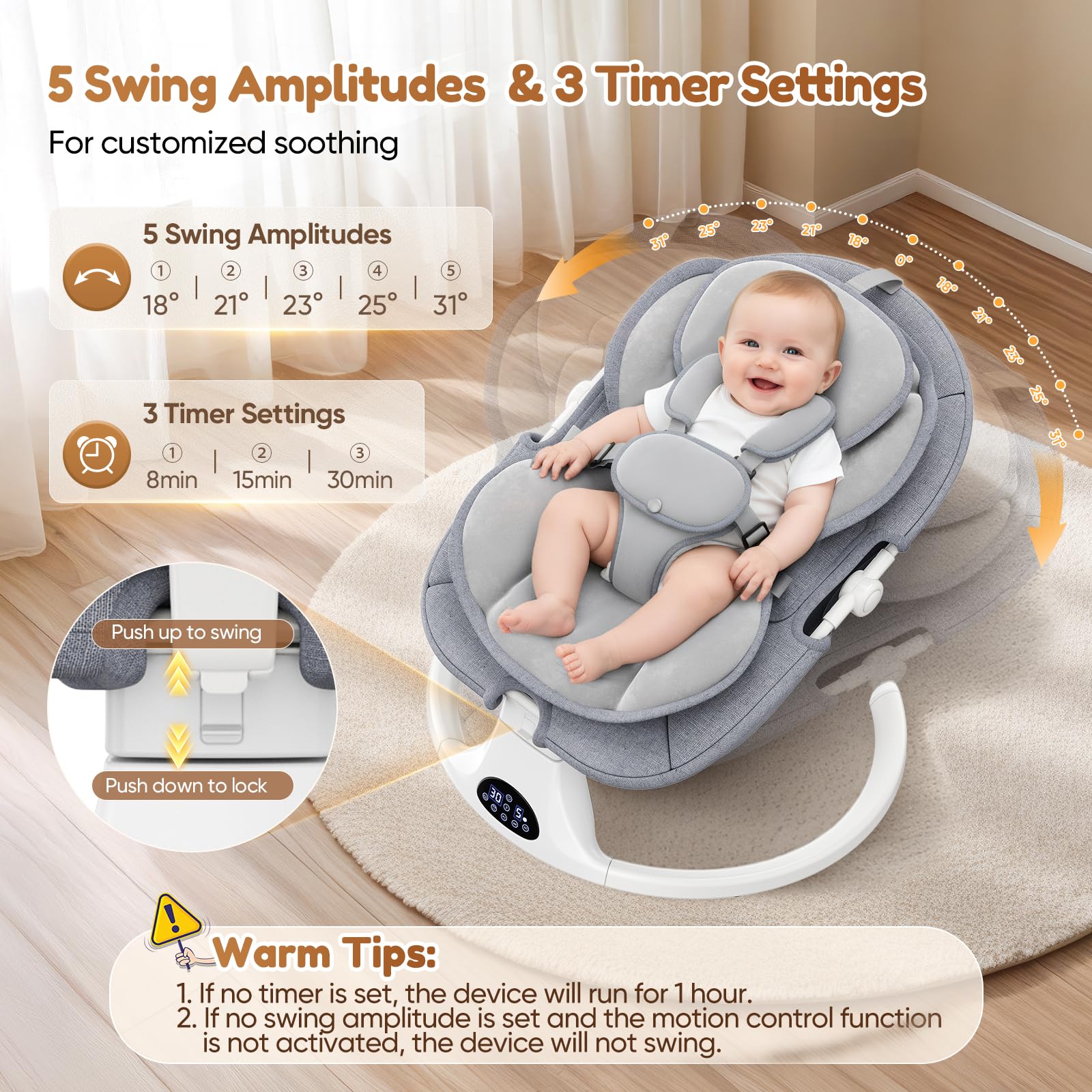 Dossier Réglable Transat Bébé Electrique, Balancelle Bébé Avec Coussin Amovible et Table D'appoint, Balançoire pour Baby avec 3 Minuteries et 5 Vitesses, 12 Mélodies, 3 Options D'alimentation (Gris)