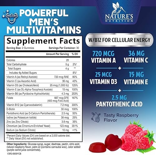 Miniatura 2 de Nature's Multivitamin for Men Gummies - Suplemento diario multivitamínico con sabor a bayas para hombre con vitaminas A, C, D, E, B6, B12 y zinc,