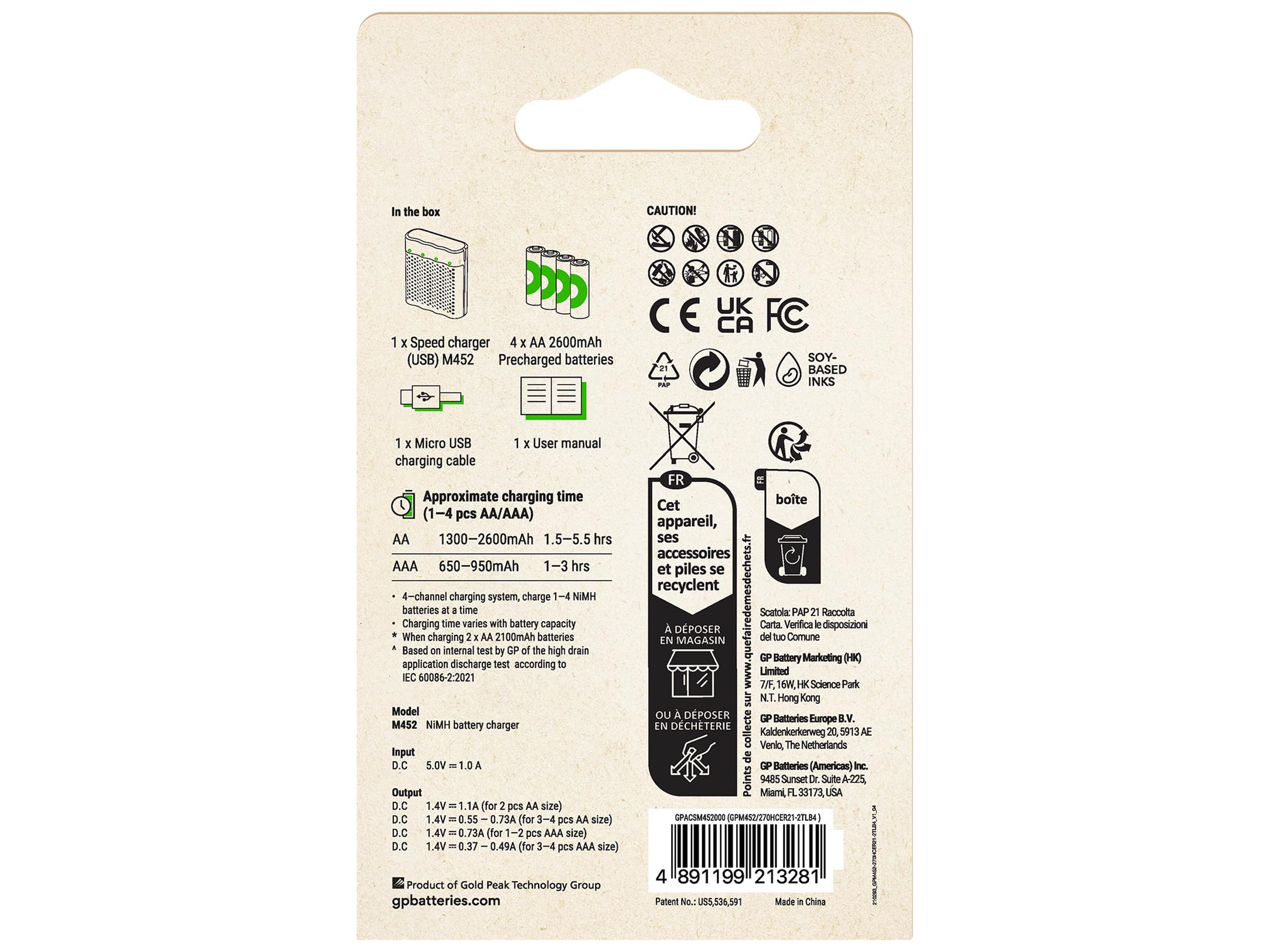 GP M452 - Cargador rápido USB con 4 pilas de 2600 AA