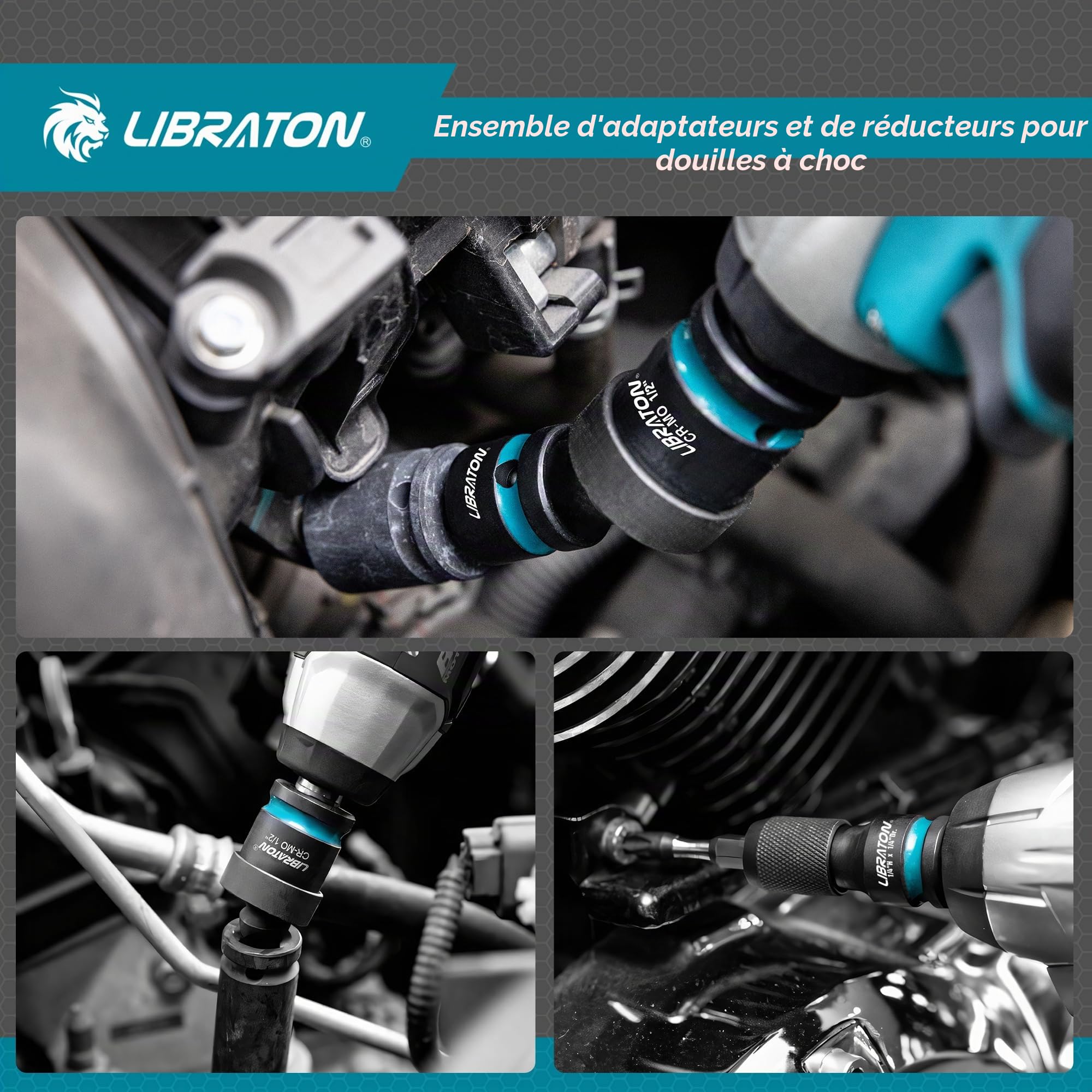 LIBRATON Lot de 11 adaptateurs et réducteurs de douilles à choc avec fonction pivotante – Convertisseurs hexagonaux 1/4 pour réparation automobile – Boîte moulée par soufflage