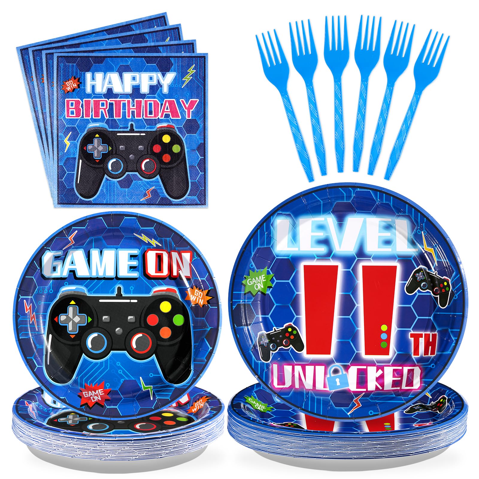 Grencian 96Pcs 11th Birthday Decorations for Boys Blue Video Game 11th Birthday Plates Disposable Paper Tableware Set for Kids Boys Girls 11 Year Old