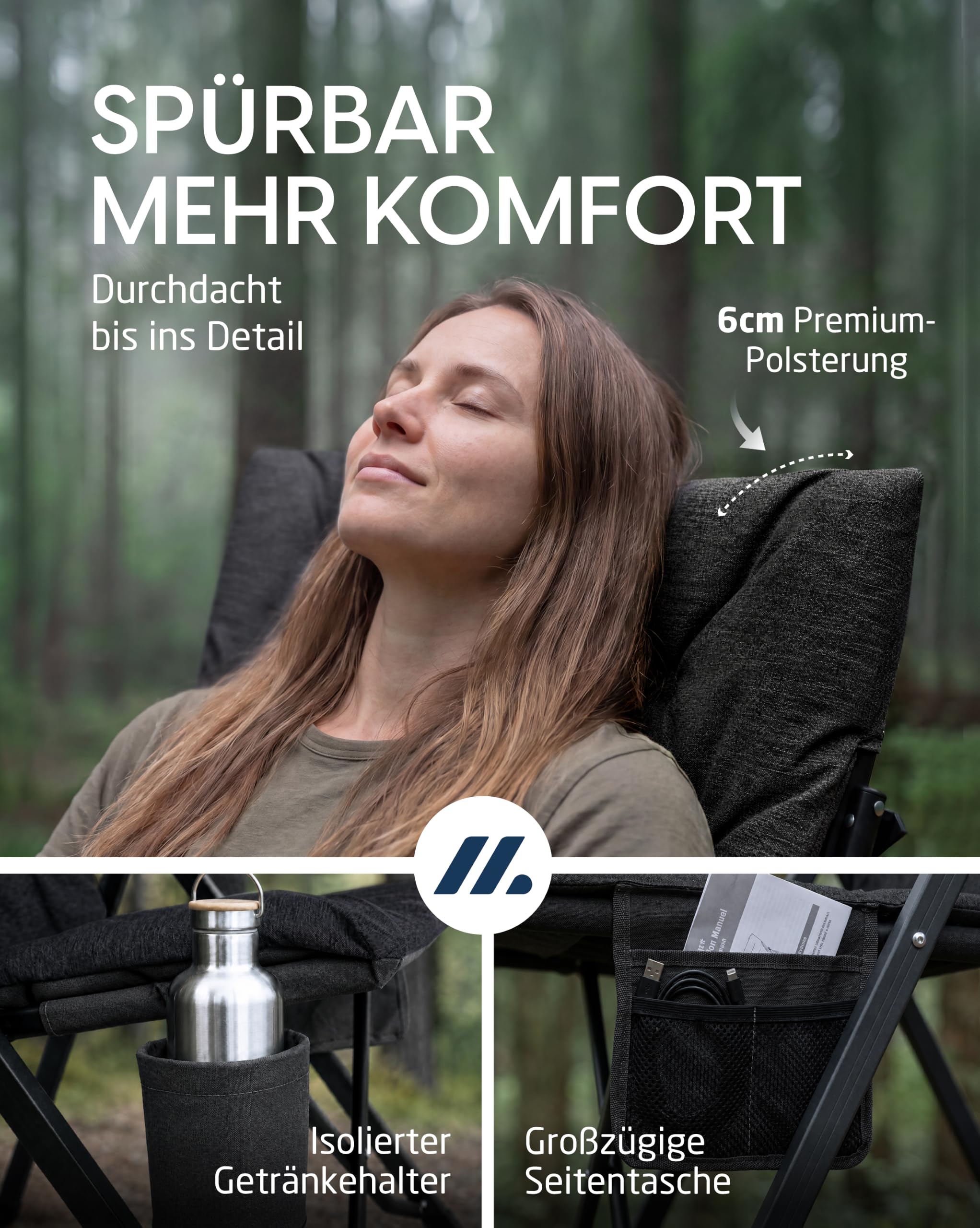 NORDMUT® Premium Campingstuhl faltbar mit hoher Lehne – Stabiler Klappstuhl Camping verstellbar in 4 Positionen – bequemer Gartenstuhl mit 140 kg Belastung für Camping & Outdoor