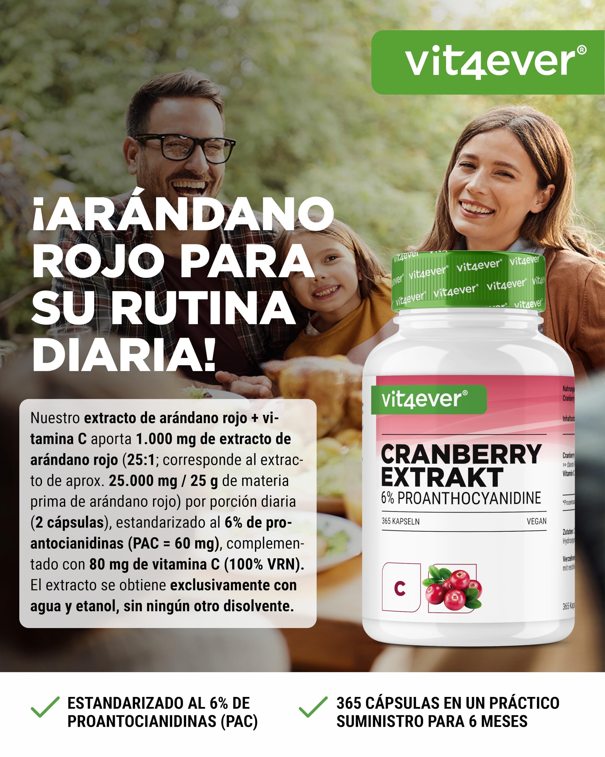 Extracto de arándano rojo + Vitamina C – 365 cápsulas de arándano rojo – Extracto 25:1, equivalente a 25.000 mg – 6% proantocianidinas – Alta dosis, sin aditivos indeseados, vegano