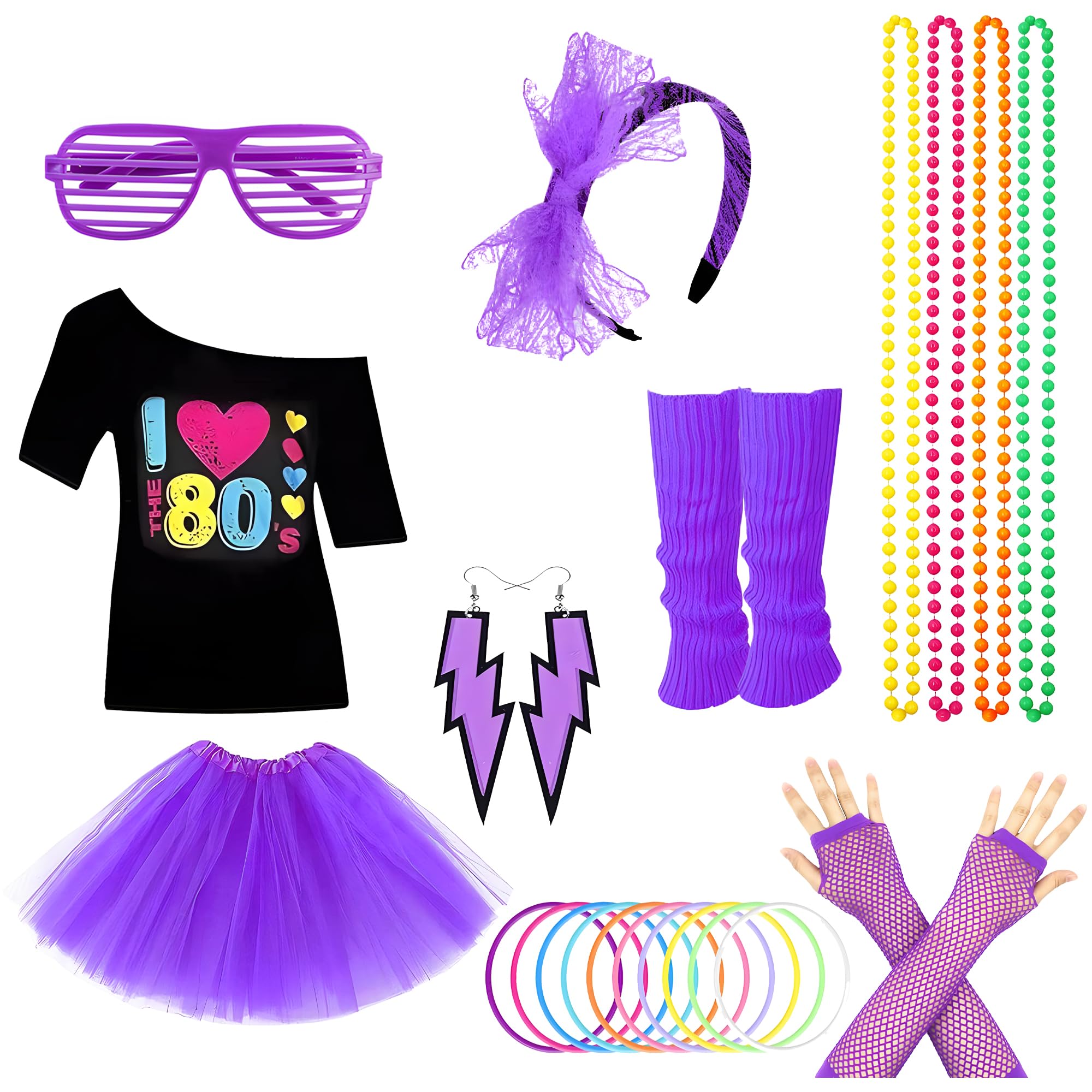 MOSNOW 9pcs Purple 80s Costume Set for Women - Complete Tutu Skirt & Neon Accessories