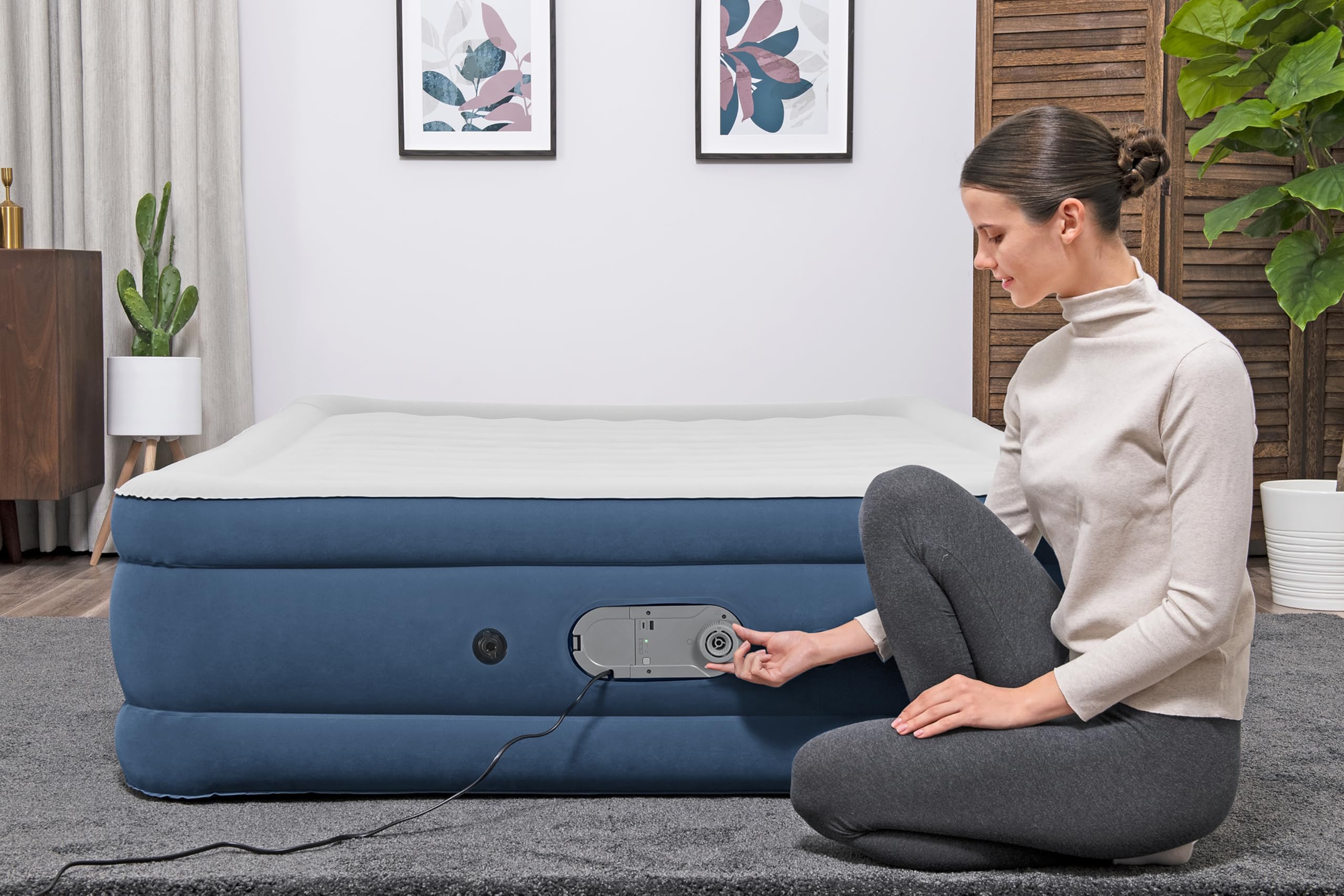 Bestway AlwayzAire Doppelluftbett mit integrierter Doppelpumpe, 203 x 152 x 46 cm, 2 Personen, bis 300 kg, flüsterleise zweite Pumpe, USB-Anschlüsse, strapazierfähiges Vinyl, Tasche, Reparaturflicken