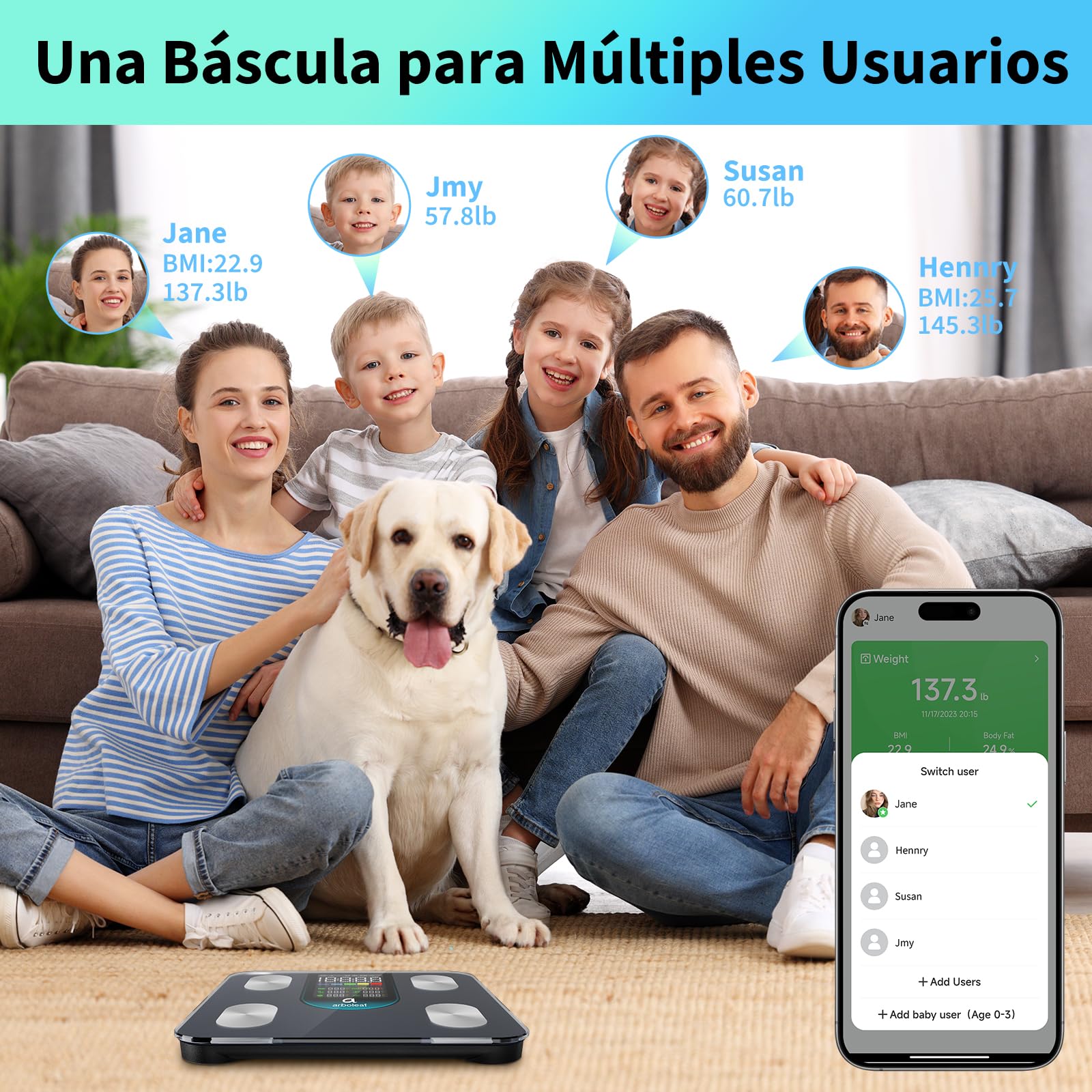 Arboleaf Báscula de Baño Inteligente, Balanza peso Corporal Bluetooth con App, Bascula Digital con Pantalla Grande para IMC, Grasa Corporal, Masa Muscular, 14 Métricas, Alta Precisión, Hasta 180 KG