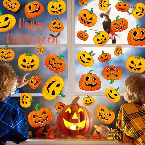 Miniatura 2 de 9 hojas de calcomanías de calabaza de Halloween divertidas expresiones de calabaza de doble cara calcomanías decorativas para ventana, reutilizables