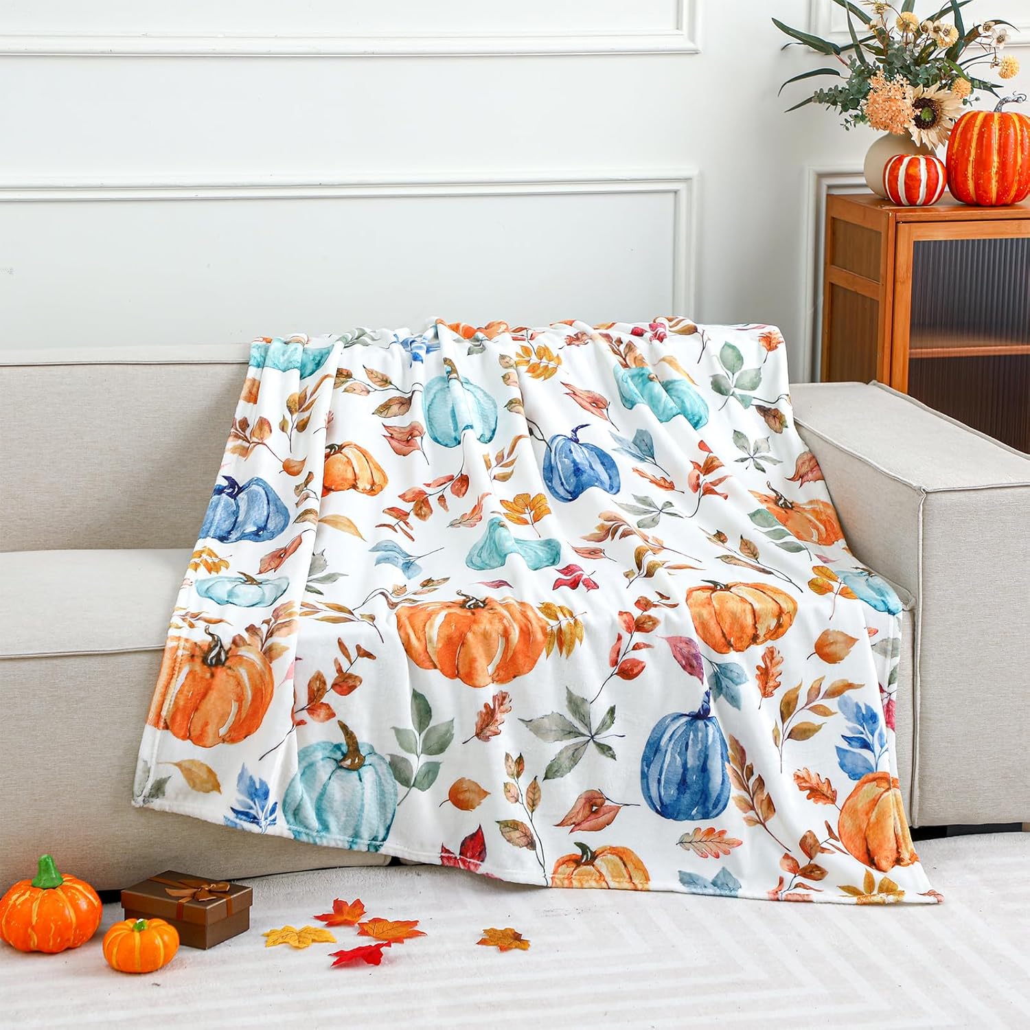 Tudomro Fall Pumpkin Throw Blanket Watercolor Leaves Plush Flannel Blanket Soft Fall Harvest Cozy Throw for Home Couch Bed Sofa Thanksgiving Holiday Decorations, 50 x 60 Inches(Orange and Blue) - Image 6