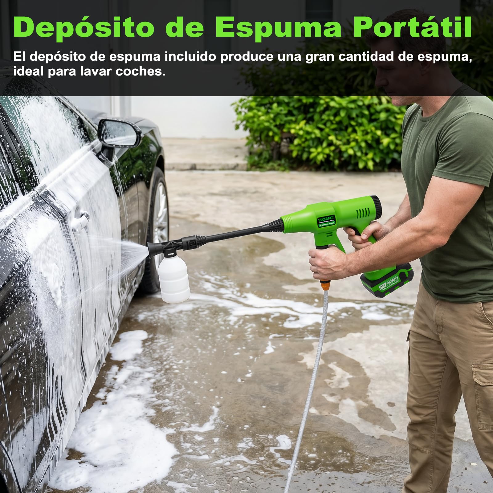 Hidrolimpiadora a Bateria con Boquilla 6 en 1, 2 Baterías, Manguera Trenzada de 6,5 m, Hidrolimpiadora Portátil de Alta Presión Conexión de Grifo para Coche, Jardín, Terraza