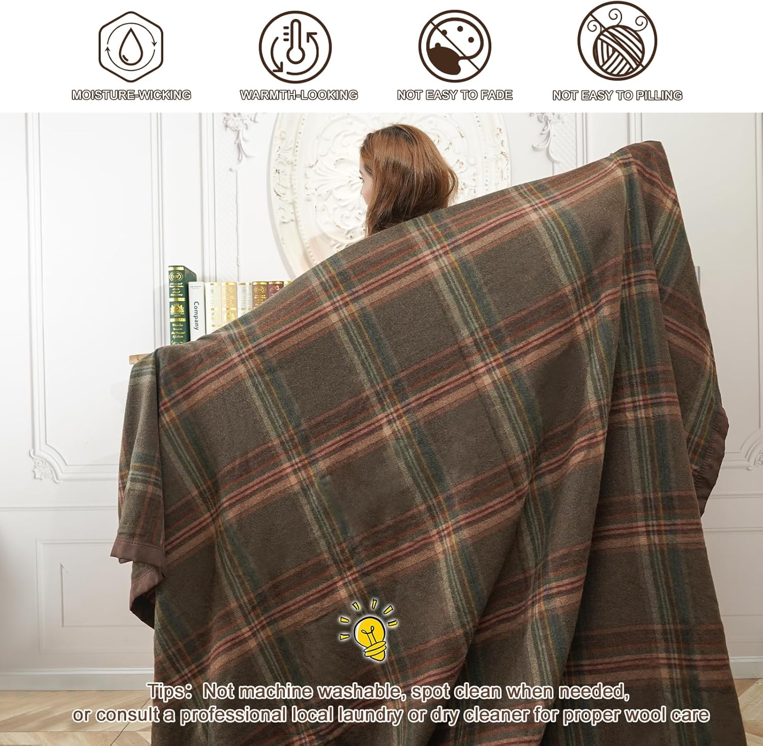 YOUR MOON 100% Pure Merino Wool Queen Size, Australian Organic Natural Wool Blanket, Hypoallergenic Wool Blanket for Bed, Medium Weight(Plaid Brown, 90 * 90) - Image 7