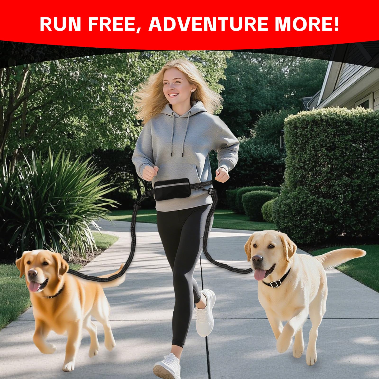 Correa de perro manos libres para 2 perros con cinturón de cintura y bolsa grande, correa de cintura para pasear perros, correr y senderismo, correas retráctiles dobles para dos perros con