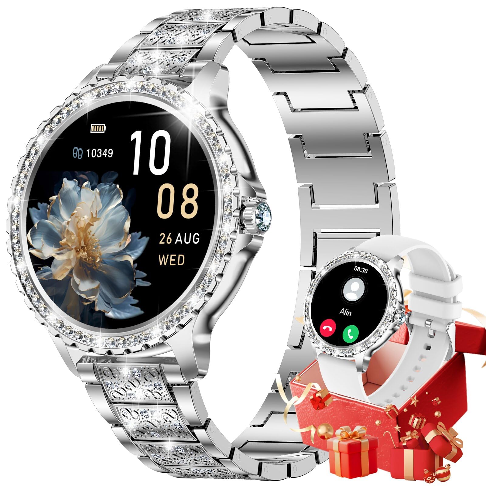 Montre Connectée Femme avec Diamant, 1,32" Écran Smartwatch, Appel Bluetooth/Suivi de la Fréquence Cardiaque et Sommeil, 500+ Cadrans, IP68, 110+ Modes Sportifs, Compatible Android iOS, Argenté