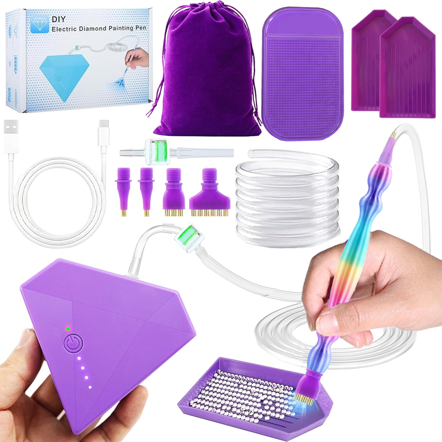 Electric Diamond Painting Pen, Rechargeable Vacuum Diamond Art Pen, Cordless, Adjustable Suction Level, Diamond Art Accessories with Multiplacers(1/3/6 Head) & Diamond Art Tray (Purple)