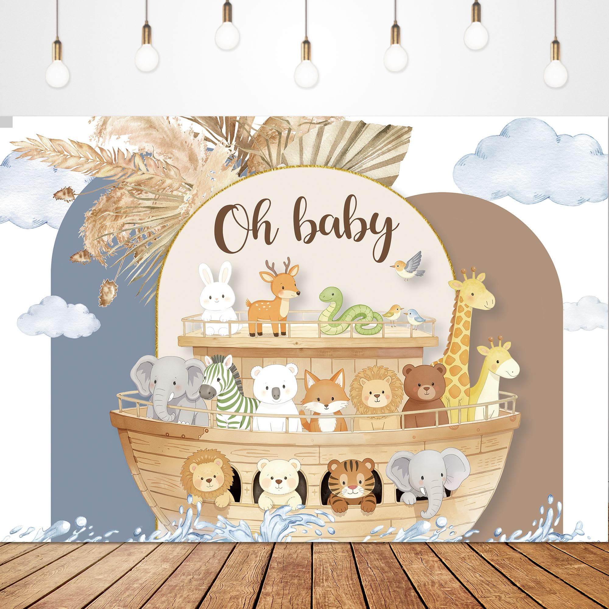 Glawry Noah's Ark Backdrop for Photography 7Wx5H Feet Oh Baby Boho Blue Pampas Flower Cartoon Woodland Animal Ocean Lovely Clouds Newborn Kid Party