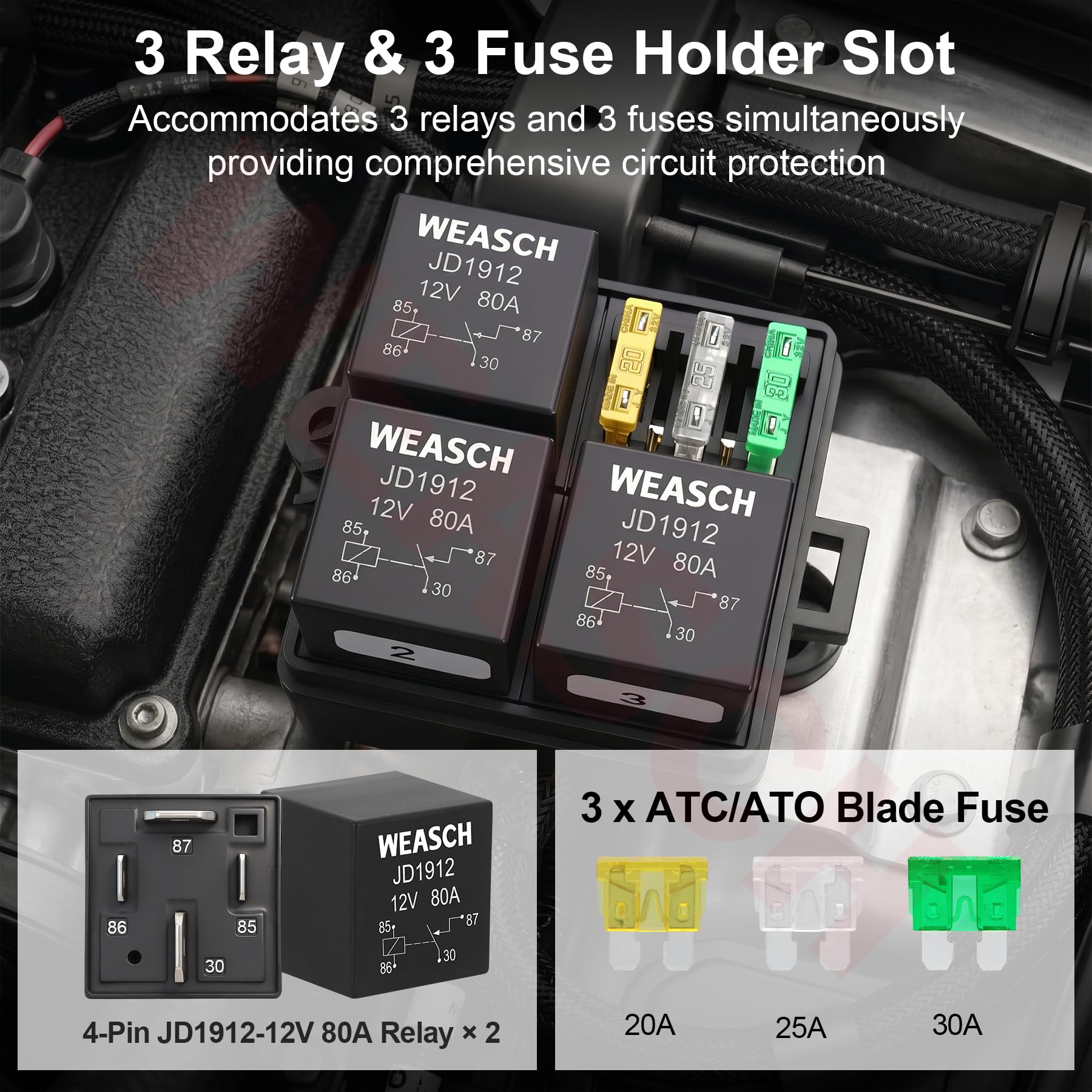 12V 3-moduli precablato scatola relè di sicurezza, 3 relè e 3 fusibili a lama ATC/ATO, blocco e kit relè 80A a 4 poli, per auto, camion e Jeep