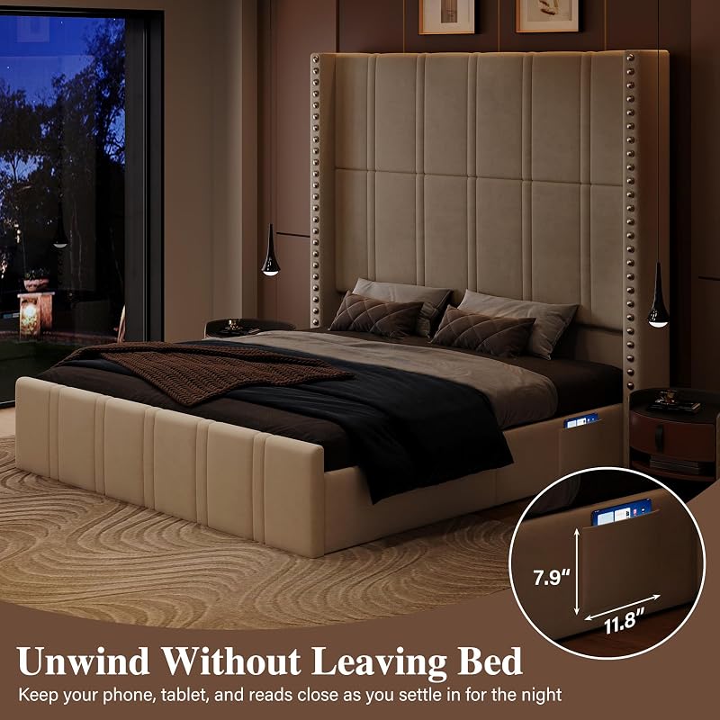 Queen Bed Frame with 65.75" Tall Headboard, Beige image 7