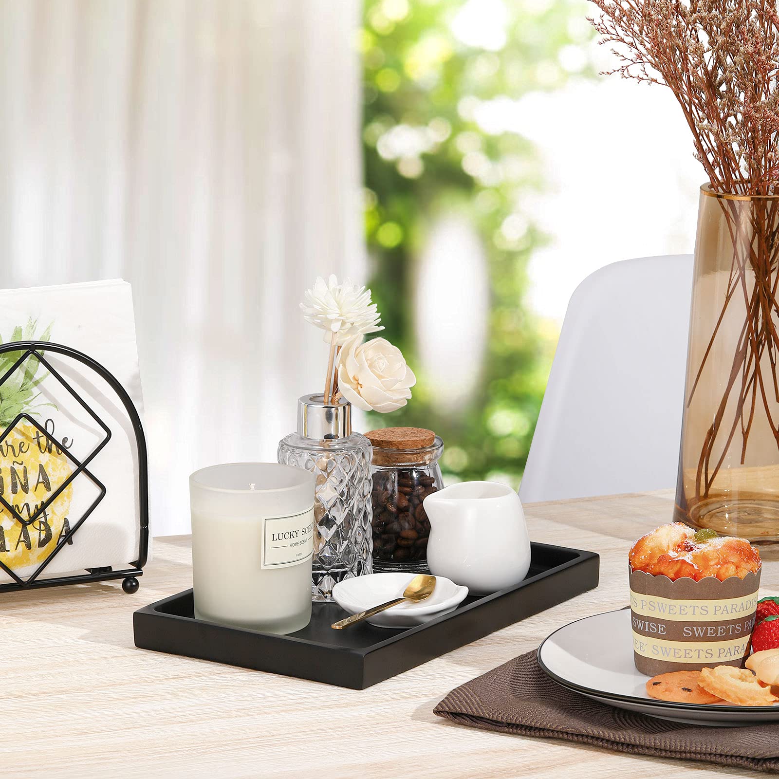 Luxspire Bathroom Vanity Tray, Resin Dresser Jewelry Ring Dish Tank Storage Kitchen Sink Countertop Organizer Plate Holder for Perfume Candles Soap Towel Plant Bathroom Accessories, M, Matte Black