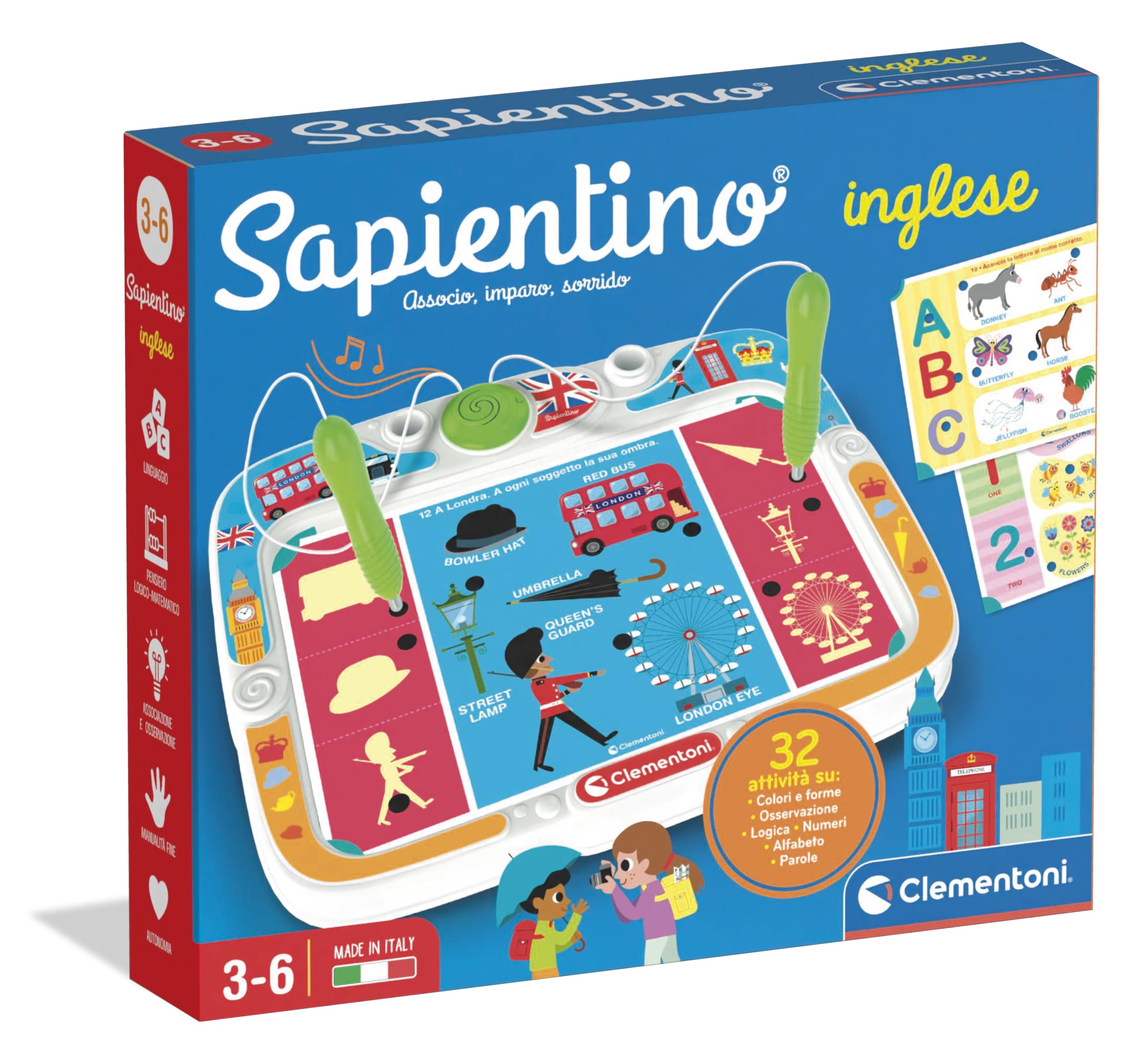 Clementoni Sapientino - Inglese, Gioco Educativo con Penne Parlanti Bambini 3-6 Anni, con 16 Schede e più di 32 attività per Imparare Vocaboli Inglesi, Made in Italy, Lingua Italiana, 16475