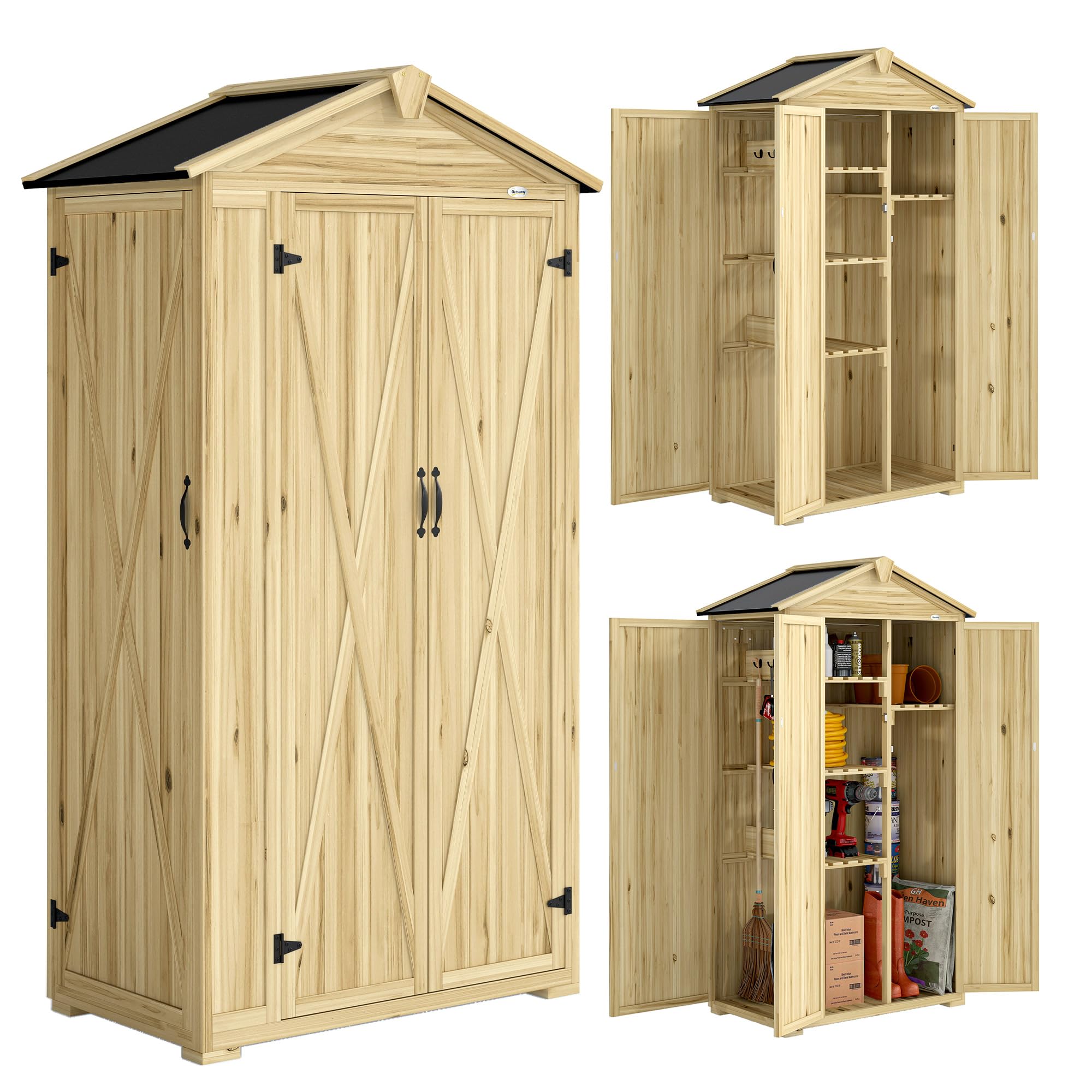 Outsunny Caseta de Jardín de Madera 93x53x168 cm 4 Estantes Madera Natural | Armario Exterior para Herramientas con Puertas Bloqueables, Techo Asfáltico Inclinado y Ganchos