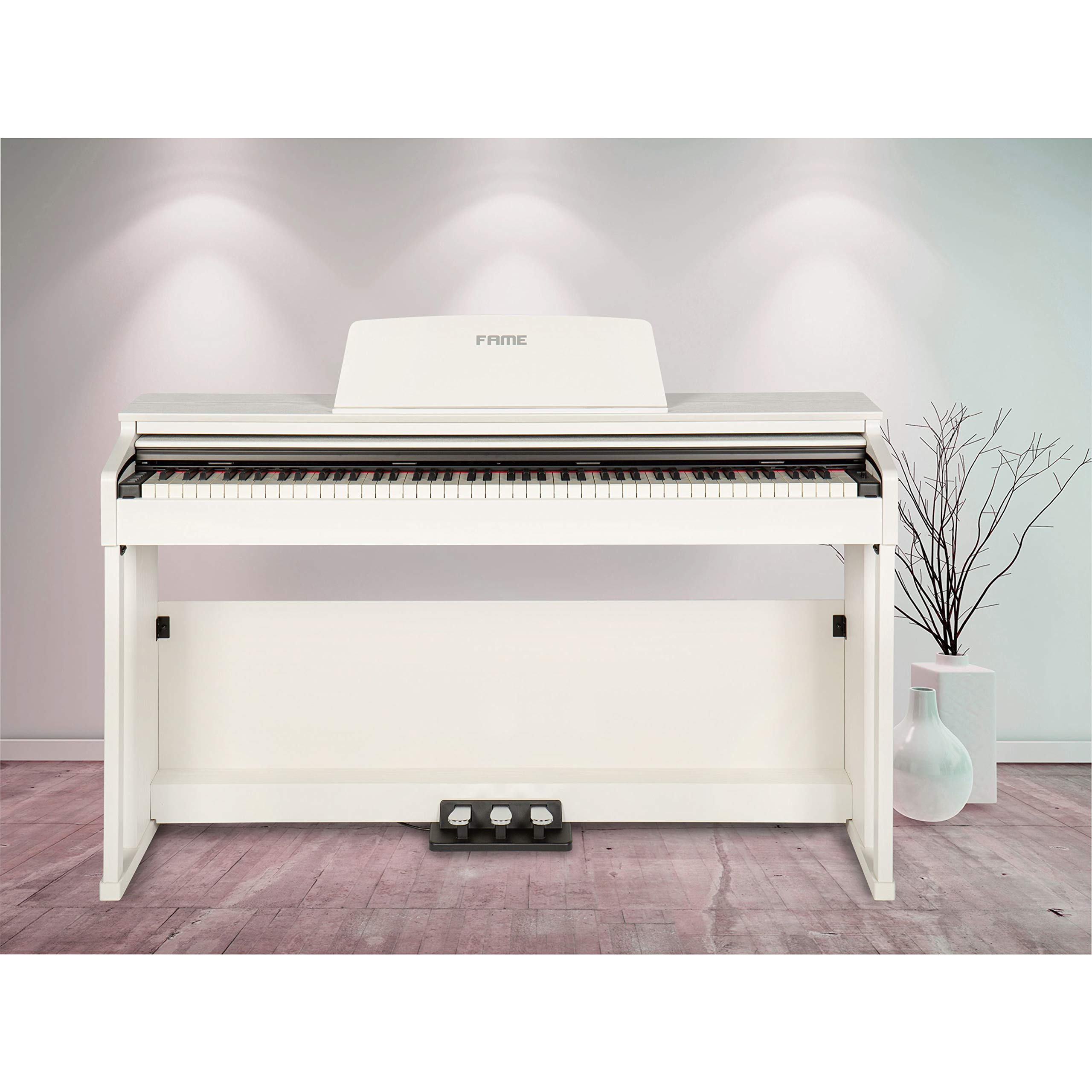 Fame DP-3000 E-Piano mit Hammermechanik, anschlagdynamischen 88 Tasten, voller Klavierklang, 20 Orchesterklangfarben, 128-fache Polyphonie, wertiges Gehäuse mit Deckel und Konsolen, Digital Piano