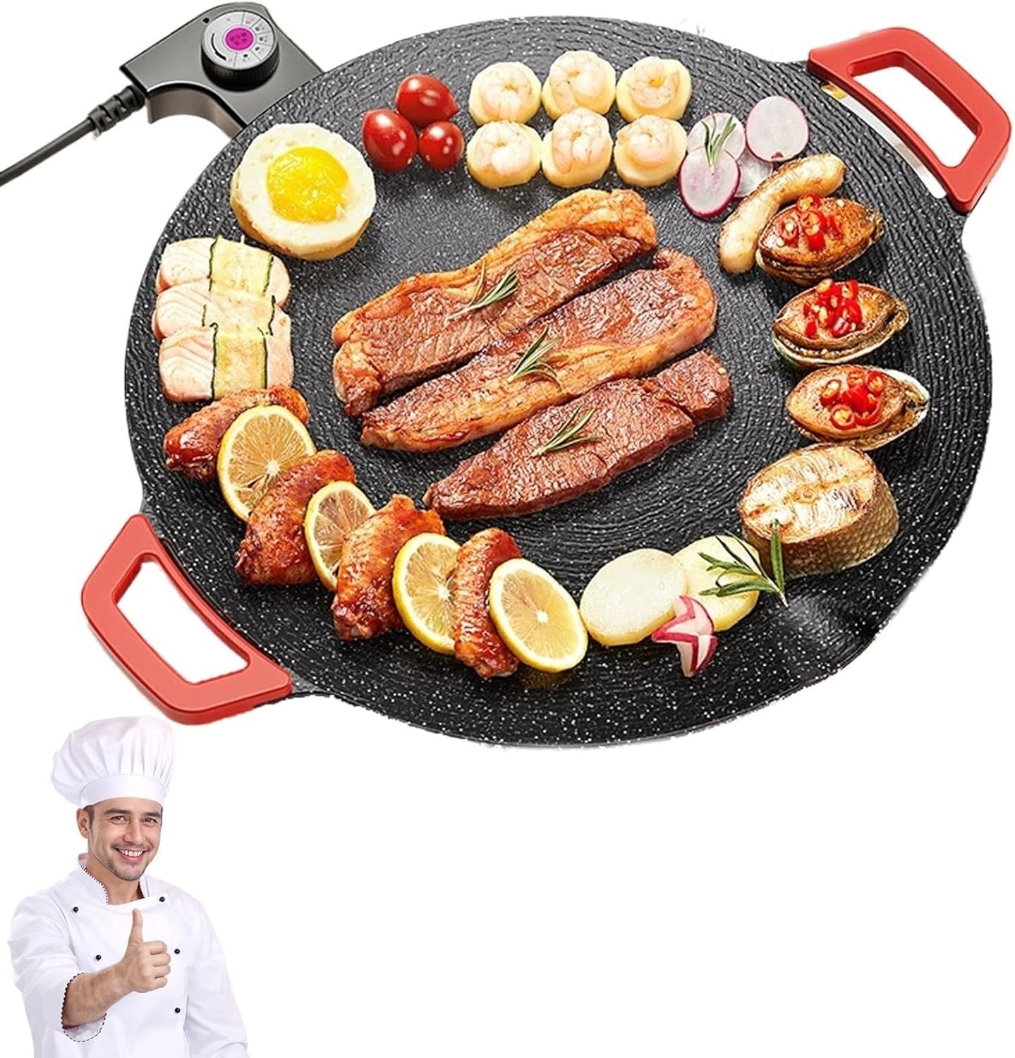 Non-stick electric grill pan, portable Korean BBQ, adjustable temperature, suitable for steaks, burgers, and grilling(14.2 inch)
