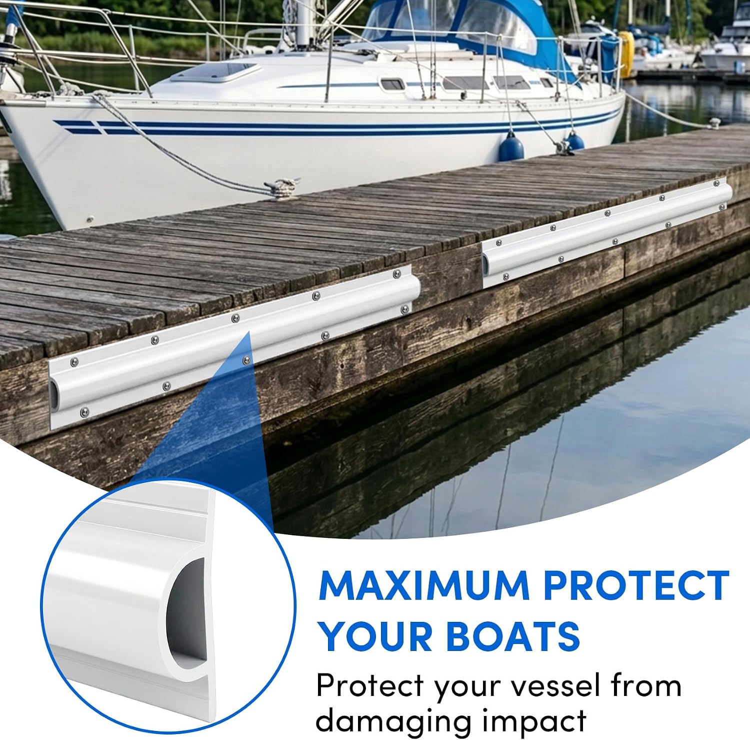 Dock Bumpers 7 Pack, 23 Feet Boat Dock Bumper Guards Marine Rub Rail with Mounting Screws Double Molded Rubber Edging Fender for Straight Edge and Side, Poles, Deck or Outdoor Stage Edge (White)