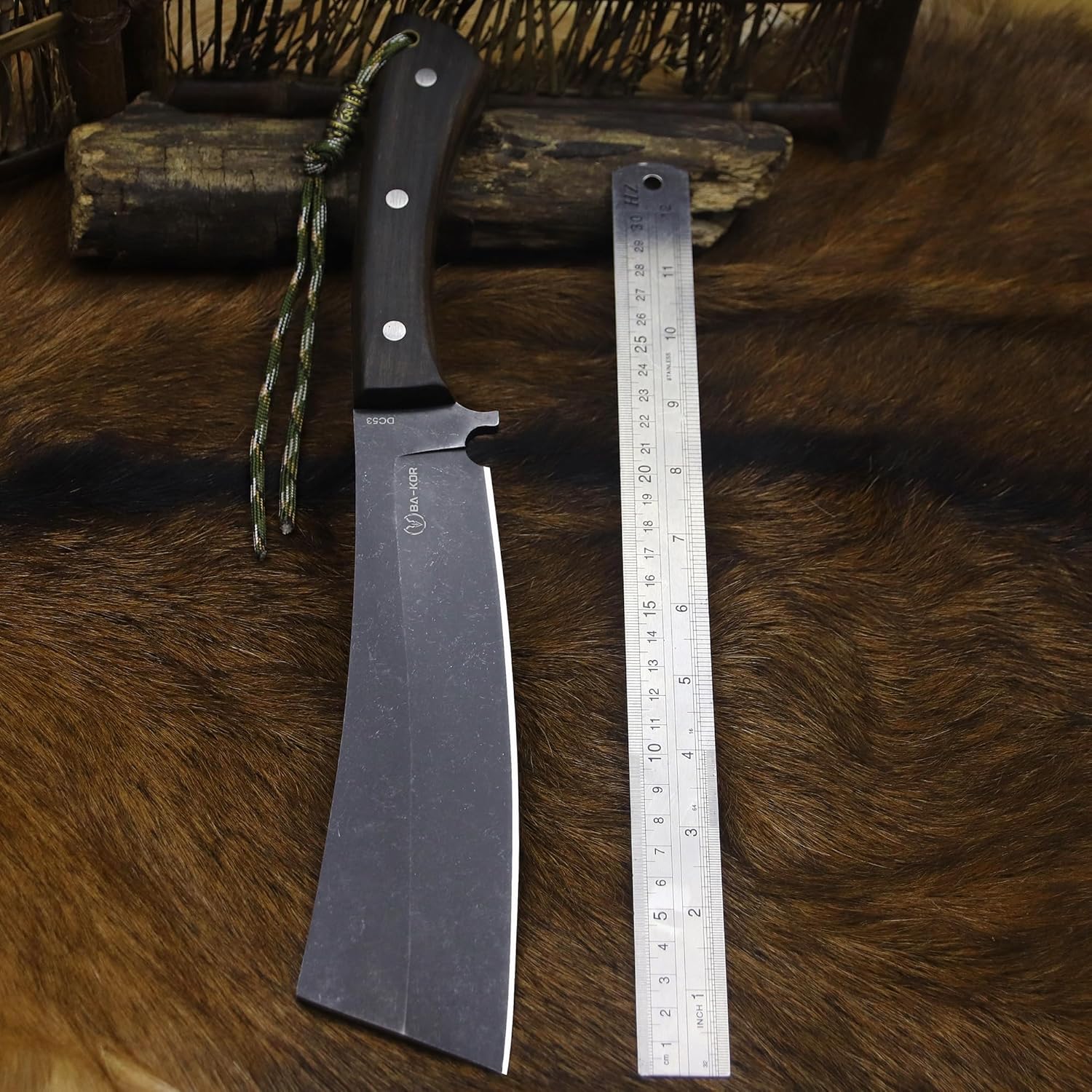 BA-KOR (Pioneer ) (14.6") DC53 steel 6mm thickened full Tang fixed knife+ Wooden sheath &(5.9IN) Cerium Igniter, suitable for outdoor hunting, cutting, chopping, camping, obstacle removal, exploration, fishing, EDC, BBQ (BA-Kb-0A)
