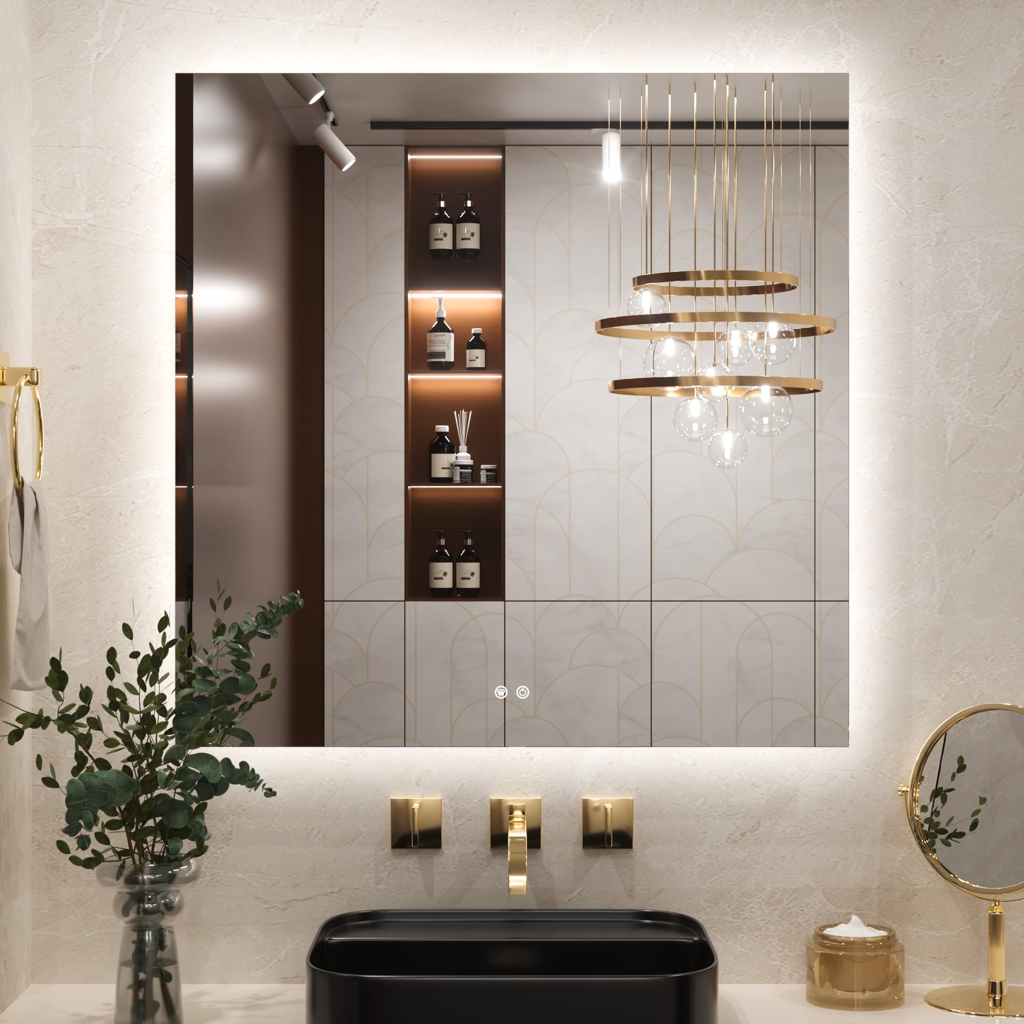 Keonjinn Bathroom Mirror with LED Lights, 90x90cm Illuminated Light Up Rectangle Bathroom Mirror with Backlit Light, Anti-Fog Wall Mounted Vanity Mirrors 3 Colors Dimmable, Memory Function