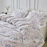 SUSYBAO Summer Botanical Duvet Cover Queen 100% Cotton 3 Pieces Set 1 Blue Floral Ruffled Duvet Cover with Zipper Ties 2 Pillow Shams Farmhouse Soft White Plant Ruffle Bedding Set Breathable