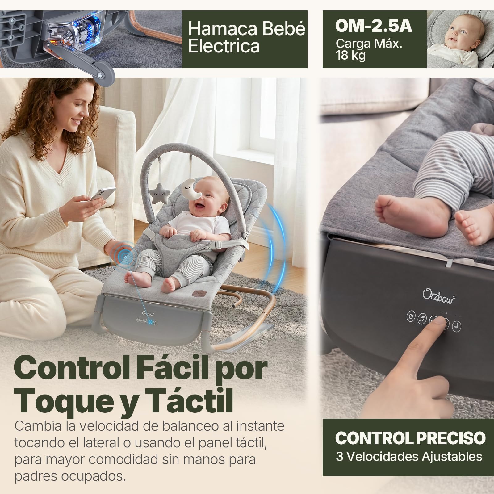Hamaca Mecedora Bebé Electrica con Sensor de Golpe, 3 Velocidades & Panel Táctil, Temporizador (30/60 Min), 8 Nanas, Volumen Ajustable, para 0-12 Meses, Hasta 18 kg, Gris Perlado