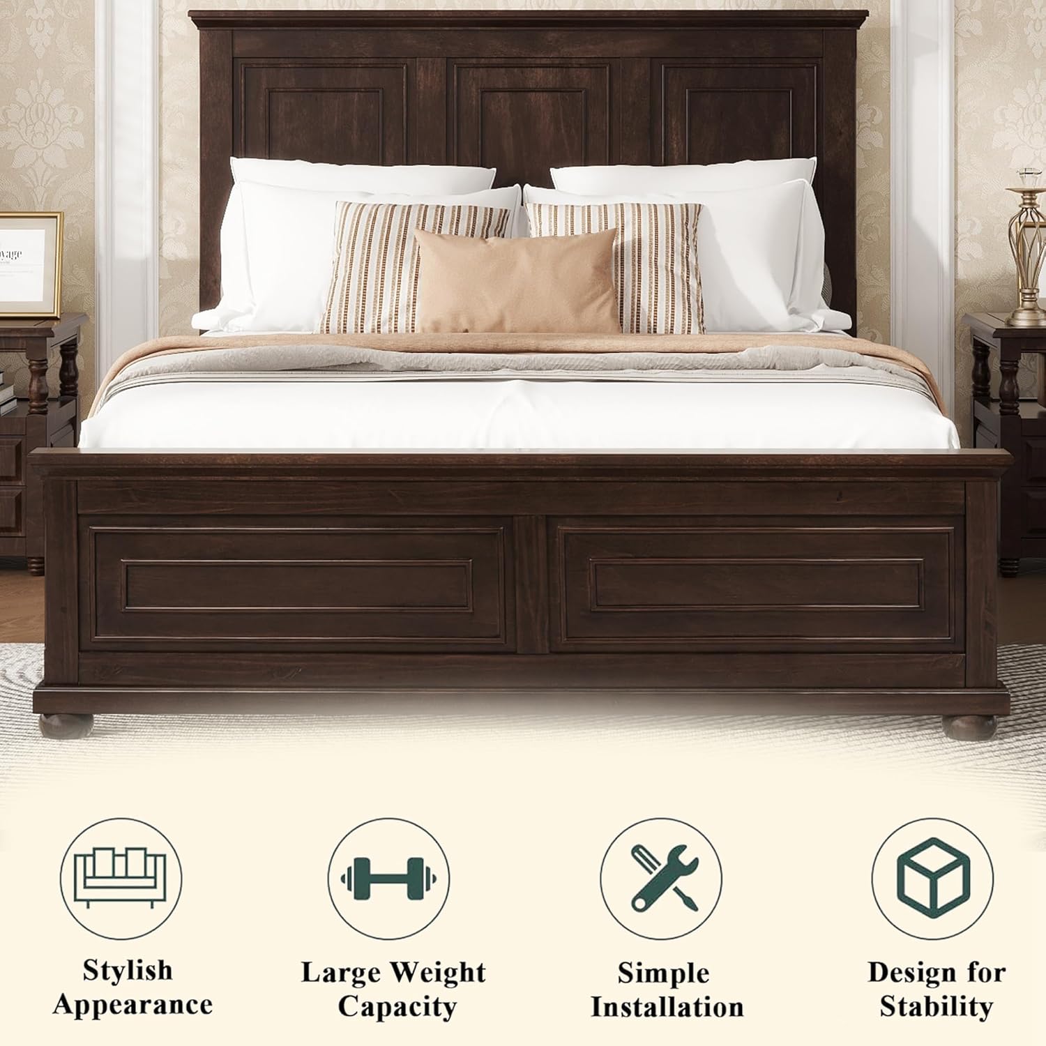 Farmhouse Queen Size Platform Bed for Adults, Solid Wood Platform Beds with Tall Headboard & Footboard, Queen Panel Bed for Bedroom, Rich Brown