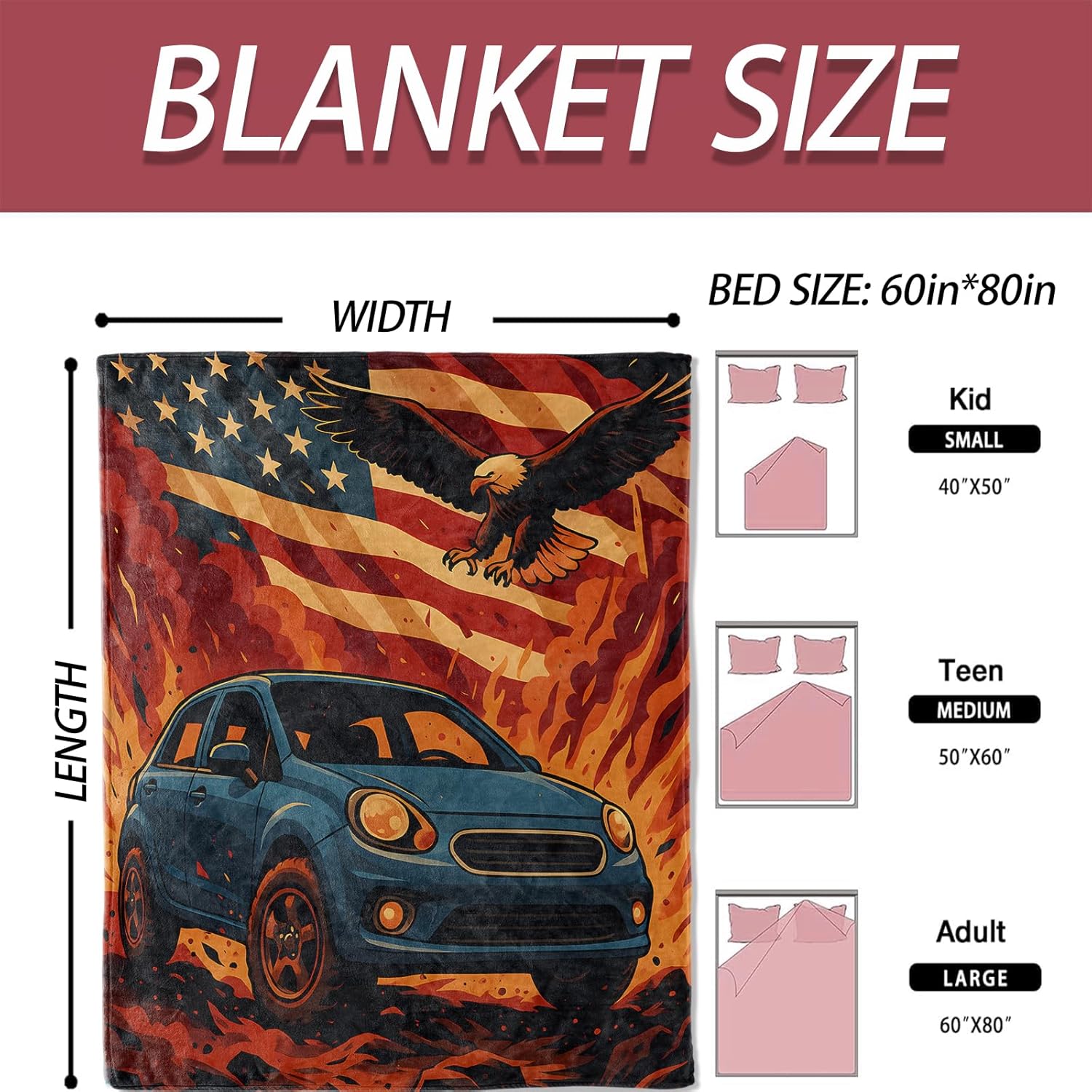 Patriotic Off-Road Car Throw Blankets 60x80 Inches, Ultra Soft Cozy Warm Fuzzy Gifts for Teen Adults, America Flag Eagle Adventure Pattern Polyester Blanket for Travel Camping Living Room Decor