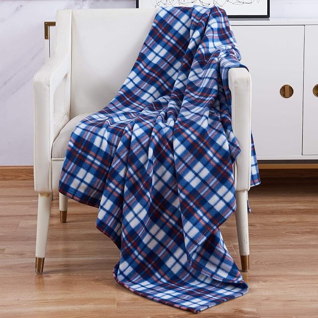 Adore Home Soft and Warm Single 120x150cm Tartan Check Printed Fleece Throw for Sofa Bed Travel Car Blanket (Blue, Check)