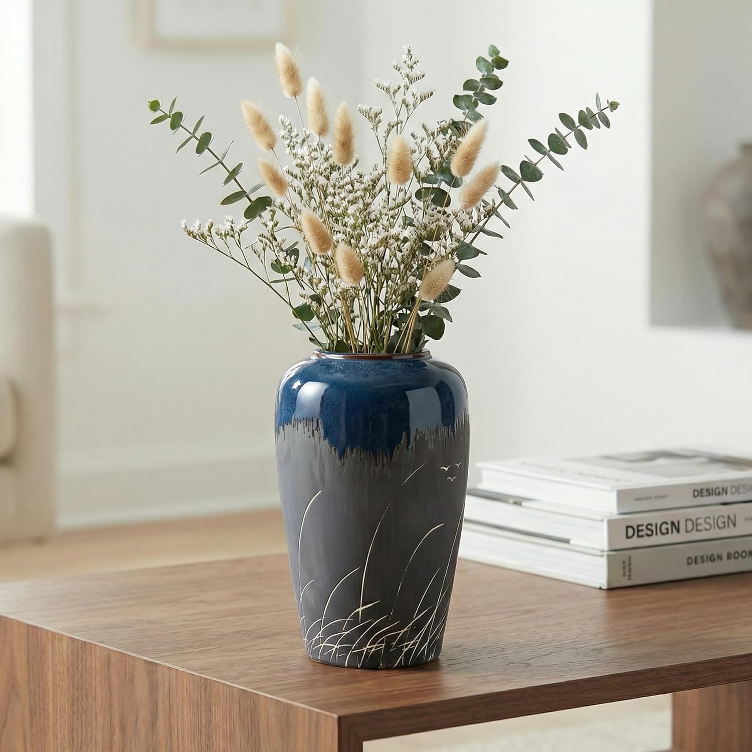 Black and Blue Vase, 8 Inch Blue Ceramic Vase for Flowers, Modern Decorative Vases for Home Decor, Coastal, Living Room Decor, Table Centerpiece